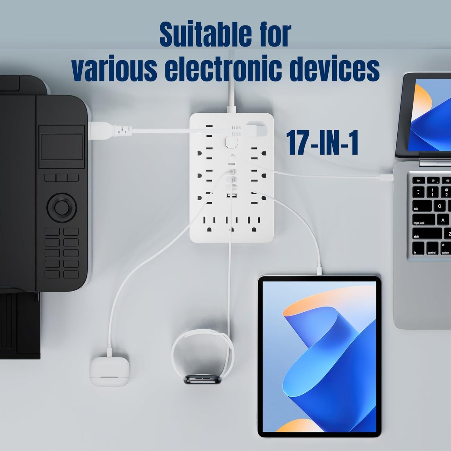 5 FT Flat Plug Surge Protector Power Strip,11 Multiple AC Outlets with 6 USB Ports (2 USB C), 5 Feet Extension Cord, 1250W/10A, One Touch Switch Button, 17 in 1 Compact powerstrip-White