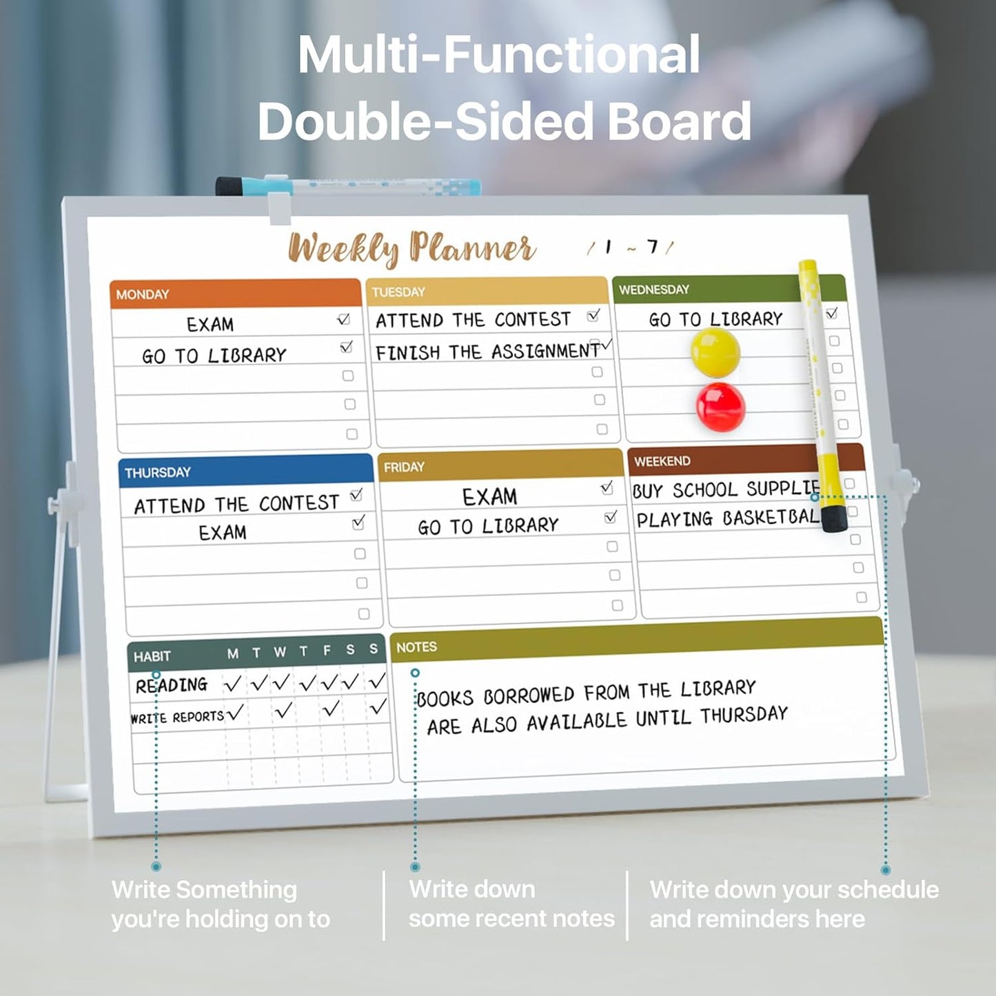 Dry Erase White Board with Stand,Double-Sided Weekly Whiteboard 12"x16", 10 Markers, 6 Magnets, 1 Eraser, Portable Desktop Whiteboard for Planning,Weekly Schedule Board for School for Home