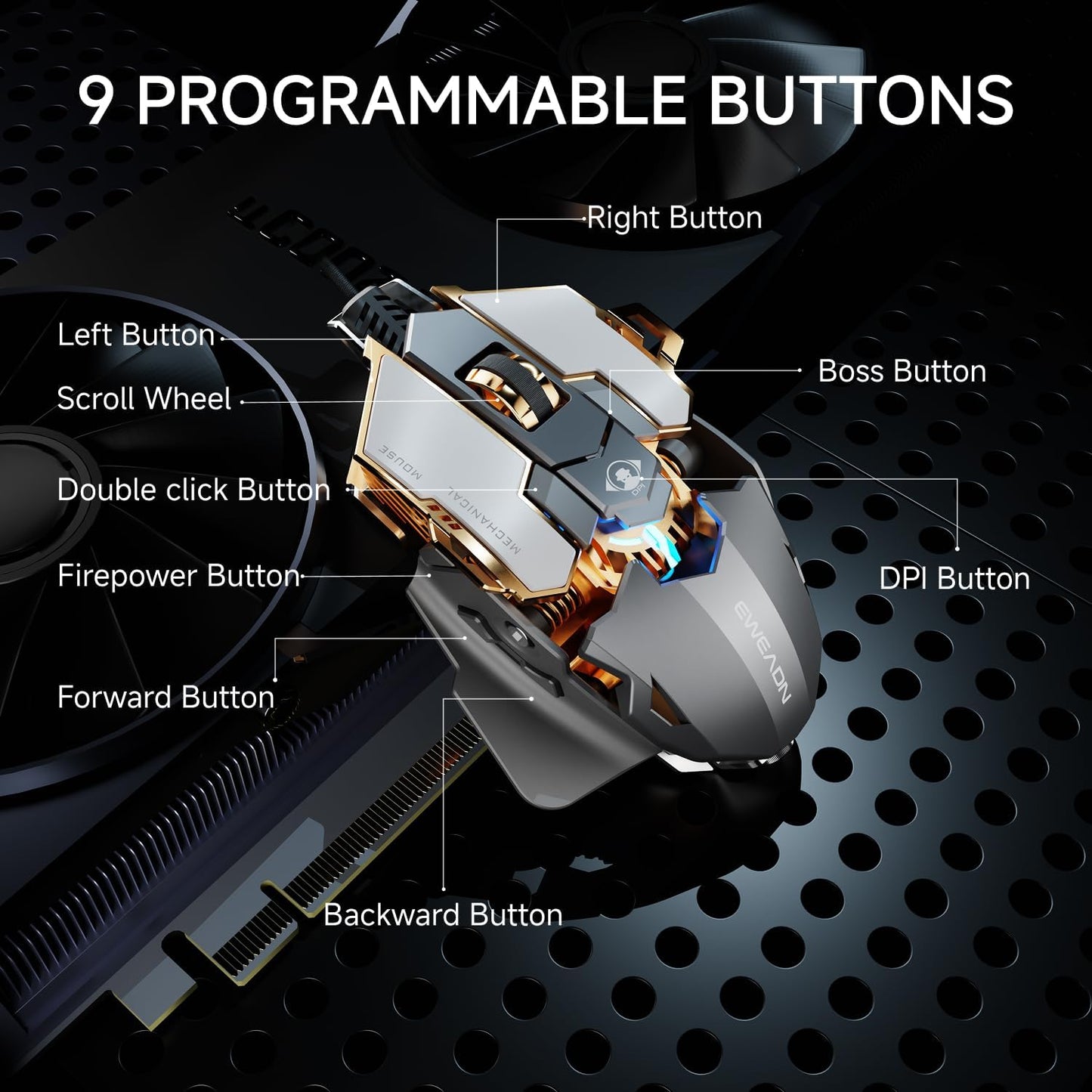 EWEADN G5 Wired Gaming Mouse, Ergonomic RGB Computer Mouse, 12800 Adjustable DPI, 9 Programmable Macro Buttons with Rapid Fire Key Compatible for PC/Laptop/Windows-Grey