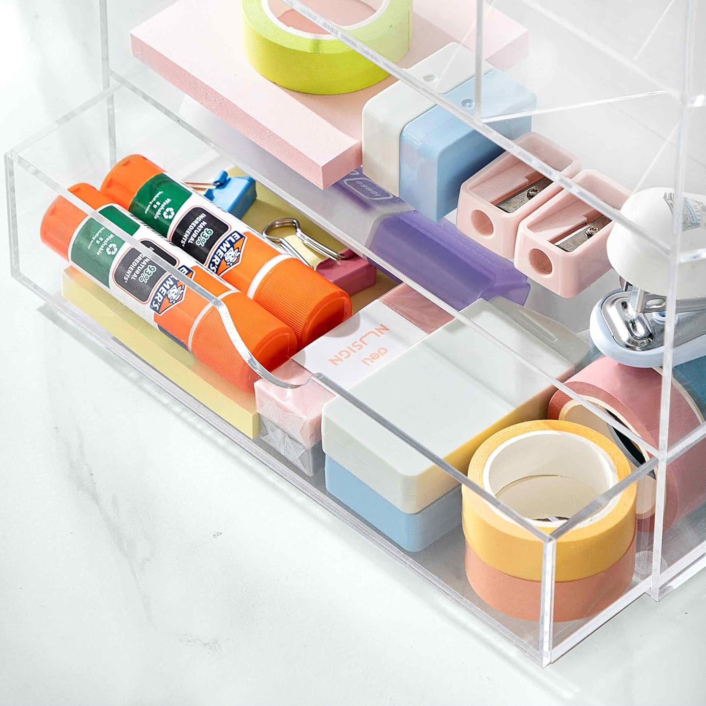 HBlife Acrylic Pen Desk Organizer with Drawer, Clear Vertical Marker Organizer with 11 Compartments, Angled Large Stationary Pencil Display Holder, Art Supplies Organizer for Desk, School and Home