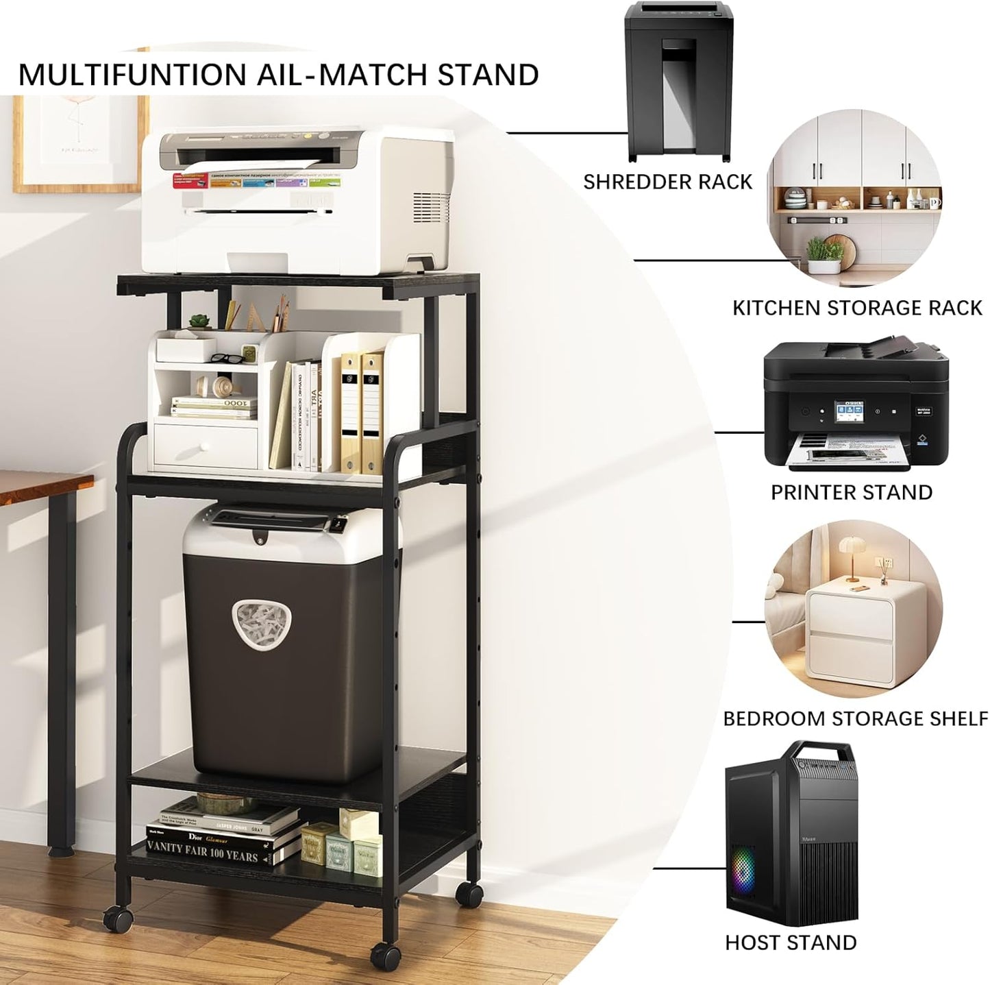 4 Tier Stand with Storage Shelf, Tall Mobile Printer Table for Home Office, Adjustable Stands for Heat Press Scanner Fax (Black)