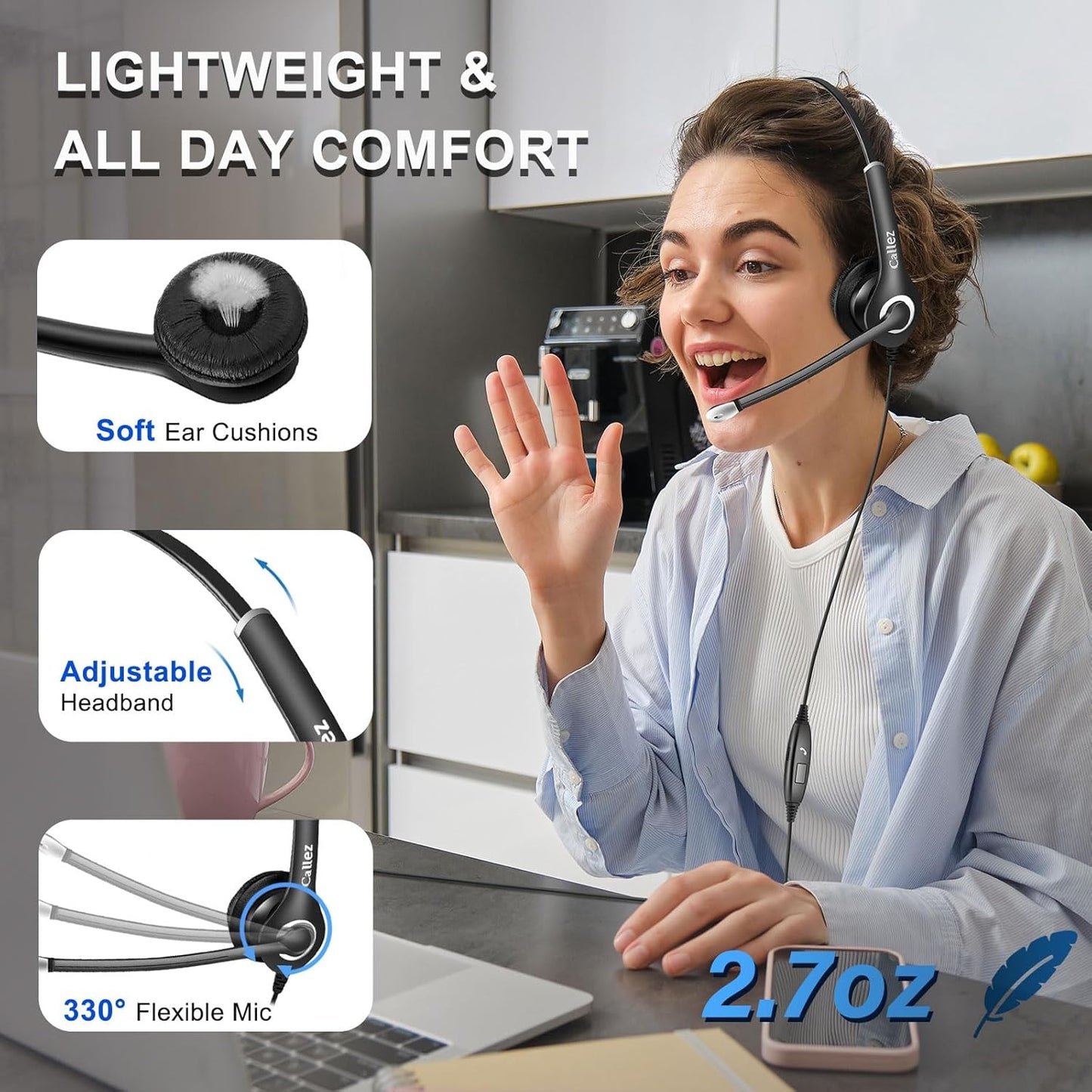 Callez Computer Headset, 3.5mm Cell Phone Headset with Mic Noise Cancelling, USB-C Wired Headphone for PC Laptop Mac iPhone Samsung Zoom Teams Call Center Home Office Work, in-line Controls