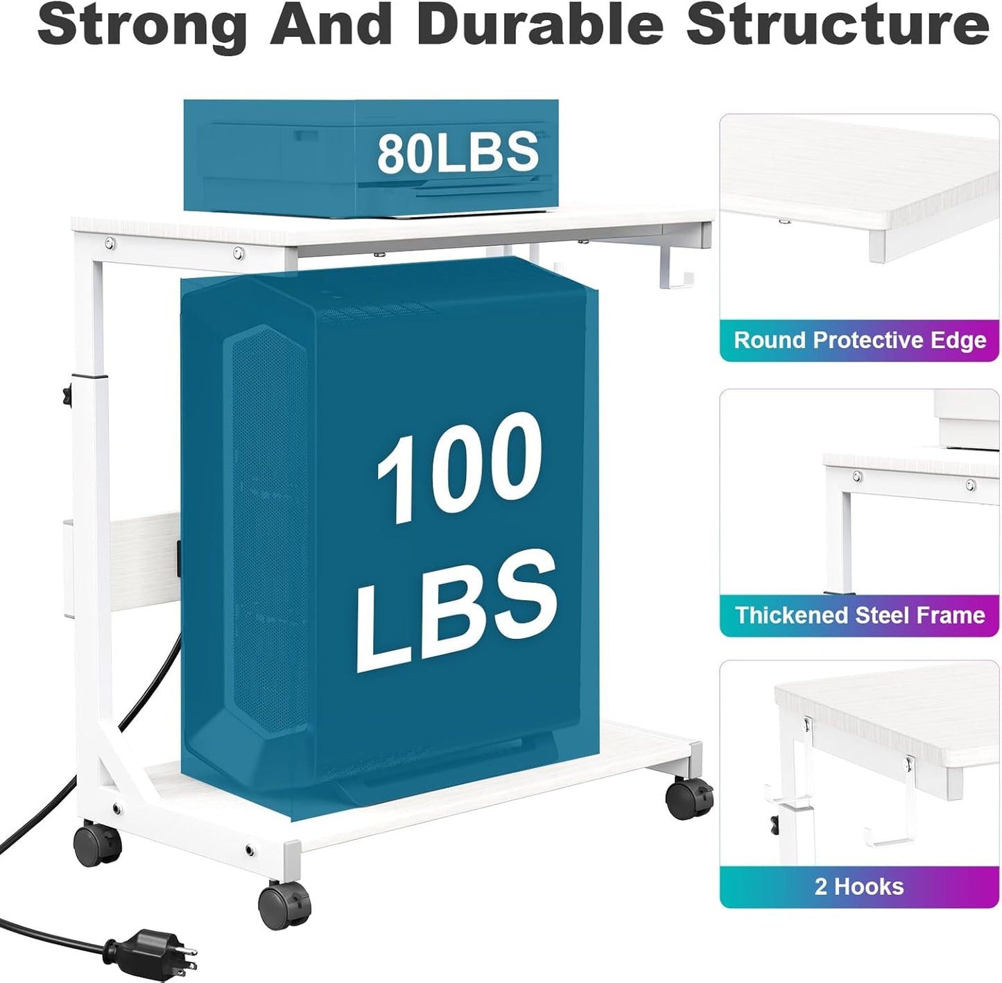 Height Adjustable Computer Tower Stand with Charge Station and USB Charging Port, 2-Tier ATX-Case Cart, Under Desk Mobile PC Stand, CPU Holder Cart with Locking Caster Wheels for Fits Most PC
