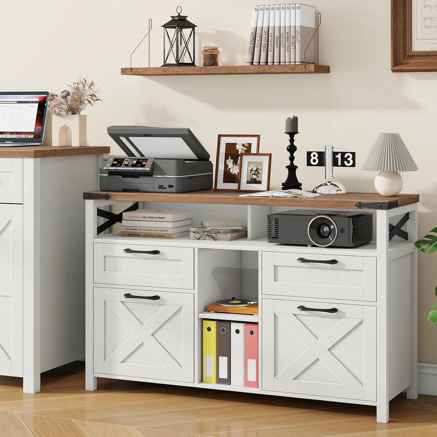 Farmhouse Filing Cabinet with Adjustable Shelf for Home Office, Lateral File Cabinets 4 Drawers with Open Storage Shelf, Filing Organization Storage Cabinets for Hanging Files Letter/A4.