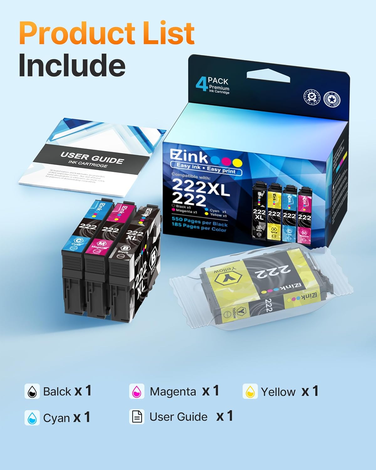 E-Z Ink Remanufactured for Epson 222 222XL Ink Cartridges Combo Pack High Yield Work for Workforce WF-2960, Expression Home XP-5200 Printer (Black, Cyan, Magenta, Yellow)