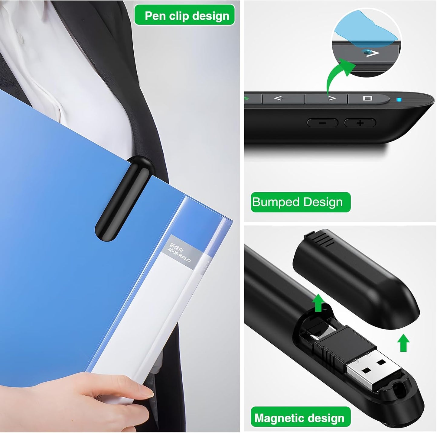 2 in 1 USB Type C Rechargeable Presentation Clicker with Green Pointer, Wireless Presenter for PowerPoint Presentation PPT Clicker, 2.4GHz Presentation Remote Slide Advancer for Computer MacBook