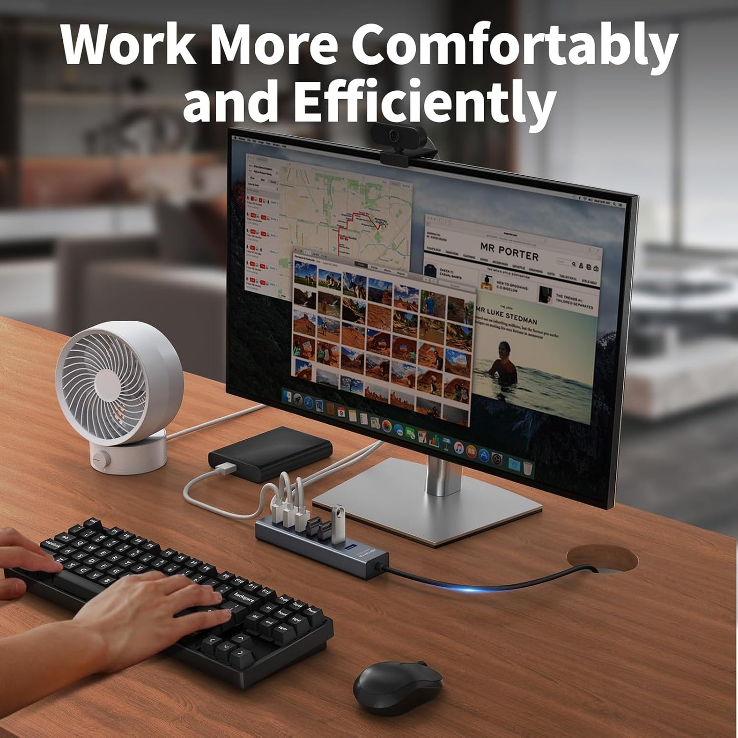 4Ft 7-Port USB 3.0 Hub for Desktop - Aluminium USB Extender Hub 5Gbps, USB Multiport Adapter, USB Splitter, USB Hub Long Cable for Desktop, PC, Flash Drive, Mobile HDD, Windows/XPS, 1.2m