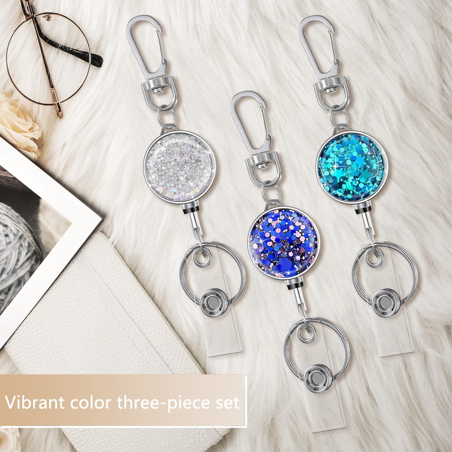 bolimoss 3 Pack Retractable Badge Reels with Key Ring and Carabiner Belt Clip, Glittery Metal Retractable Keychain for ID Cards Name Holder Nurse, Teacher, Students (Bling Blue, Silver, Purple)