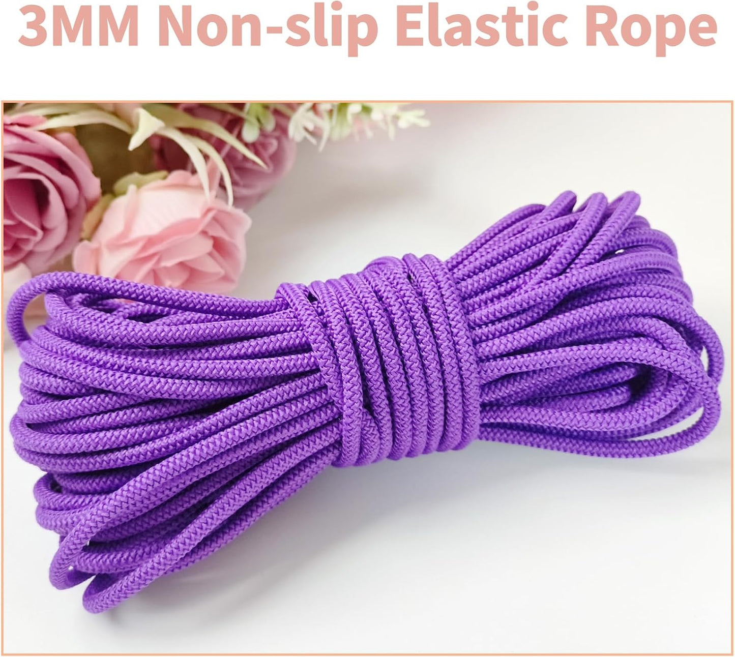 1/8 inch Non-Slip Elastic Band -3mm 15 Yards Soft Elastic Cord Stretch String Braided Thread for Sports Gear, DIY Crafts, Hair Bands, Shoelaces,Apparel Making & Camping Tie Down (Purple)