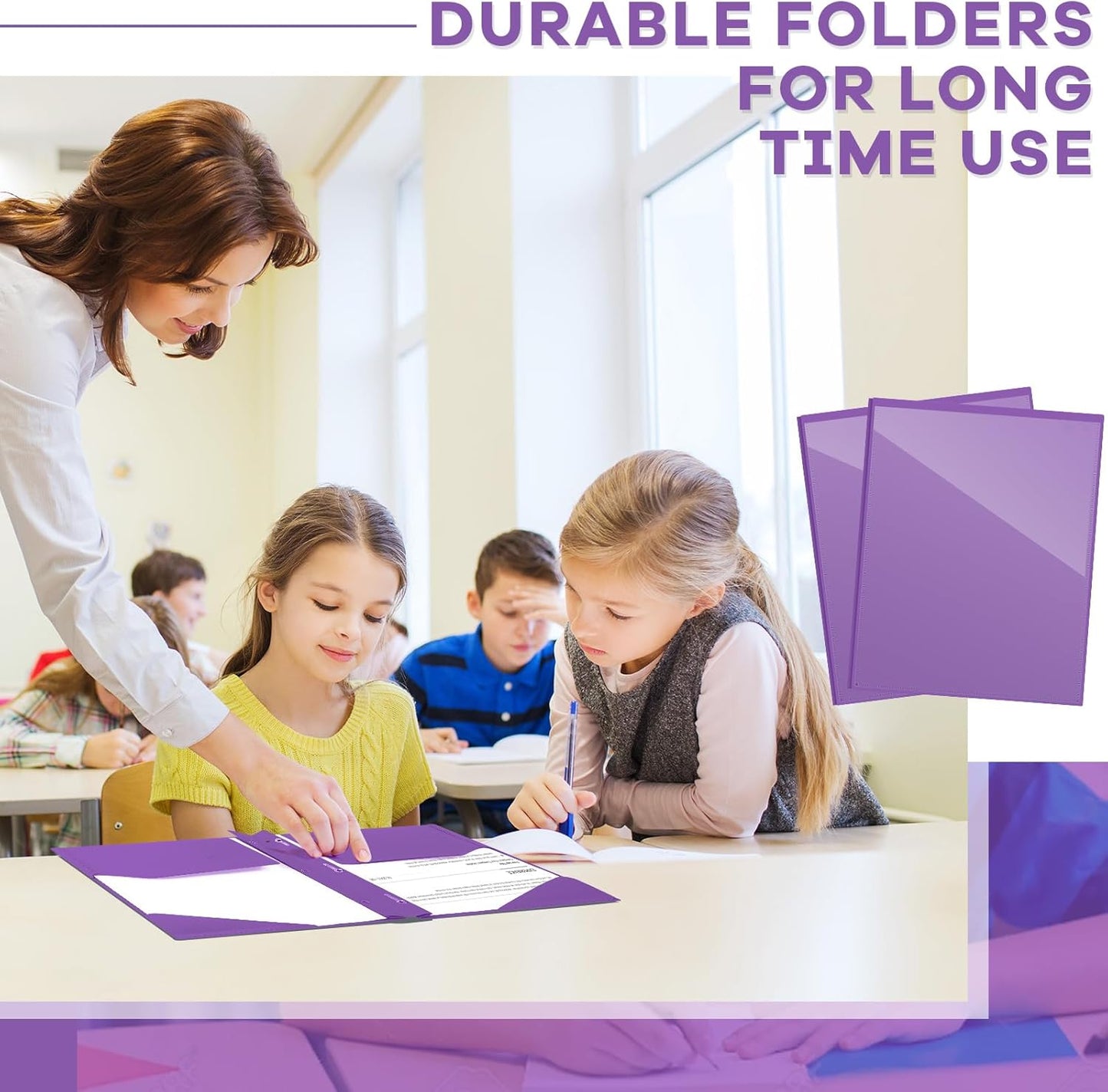 Henoyso 72 Pcs Plastic Folder with Clear Front Pocket and 3 Prong Plastic Folders with Card Slot Pocket Folders with Prongs for School Office (Purple)