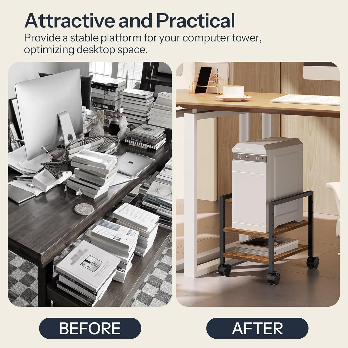 HOOBRO PC Stand, 2-Tier PC Tower Stand Fits Most Computer Towers, CPU Holder for Floor, Height Adjustable, CPU Stand with Wheels Under Desk, for Home Office, Rustic Brown and Black BF11CJ01