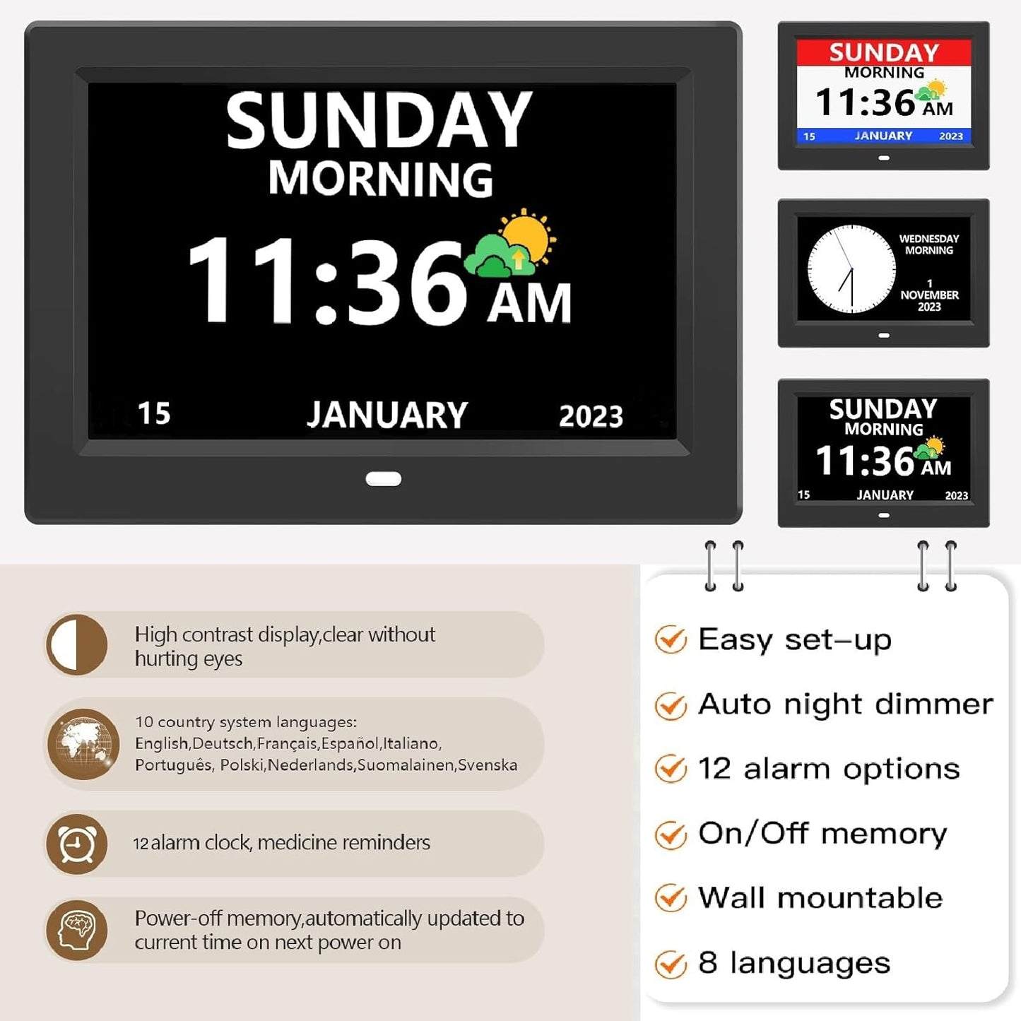 10 Inch Digital Clock with Day and Date for Elderly Alzheimer's Clock Customizable Alarms 3 Display Modes Large Font Alarm Clock for Seniors Auto DST