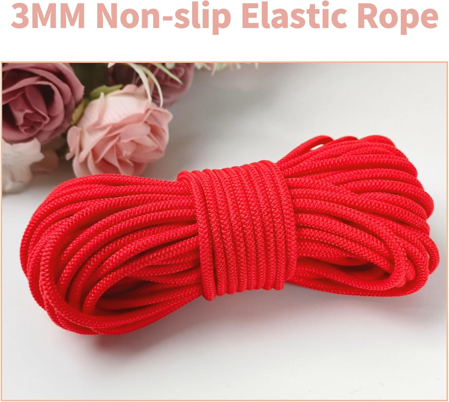 1/8 inch Non-Slip Elastic Band -3mm 15 Yards Soft Elastic Cord Stretch String Braided Thread for Sports Gear, DIY Crafts, Hair Bands, Shoelaces,Apparel Making & Camping Tie Down (Red)
