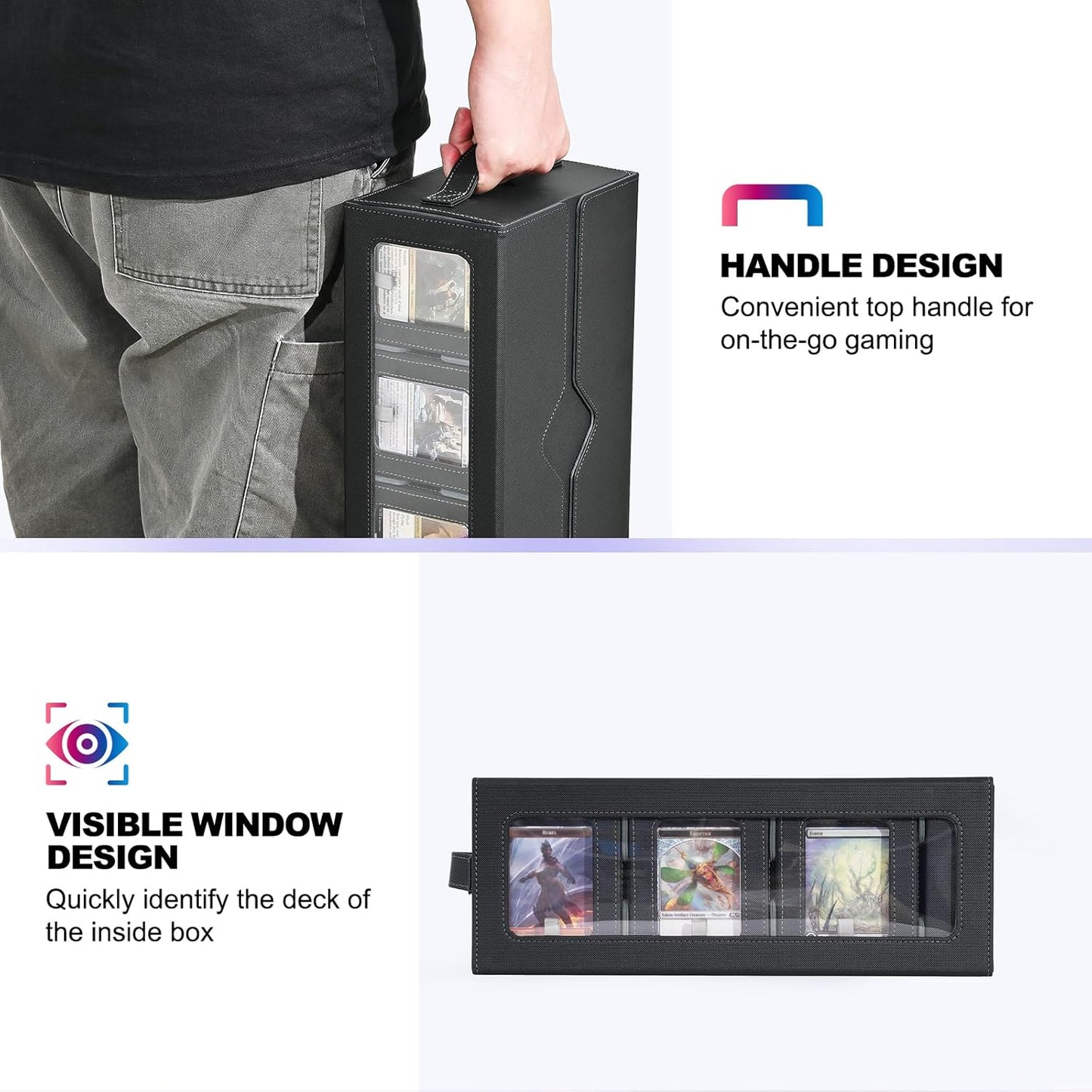 Commander Deck Box for MTG, 6-Deck Modular Card Case with Dice Tray Holds 600+ Double-sleeved Cards, Removable Trading Cards Storage Box with 35PT Magnetic Card Holders for TCG, Black Grey