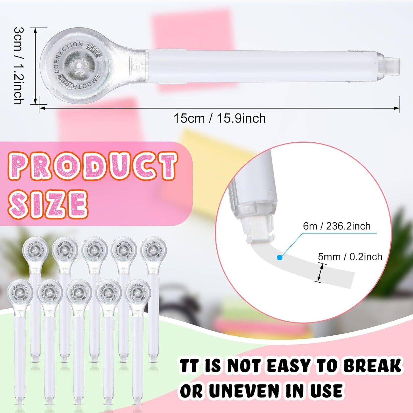 10 Pack Correction Tape Pen Correctional Ink Tape Push Pull Protective, Easy to Use Applicator for School Office Supplies, 0.2 x 236 Inch(White Color)