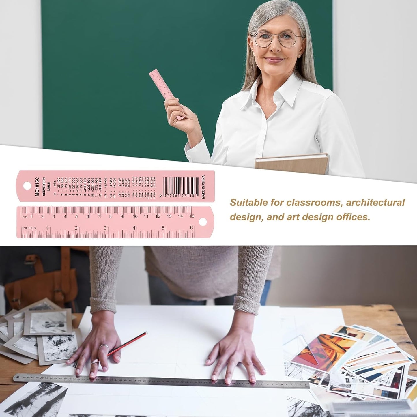 HARFINGTON 4pcs Metal Straight Ruler 15cm Metric SAE Aluminum Alloy Measuring Rulers Scale Tool with Hole for Measure Study Reading Classroom Office, Pink