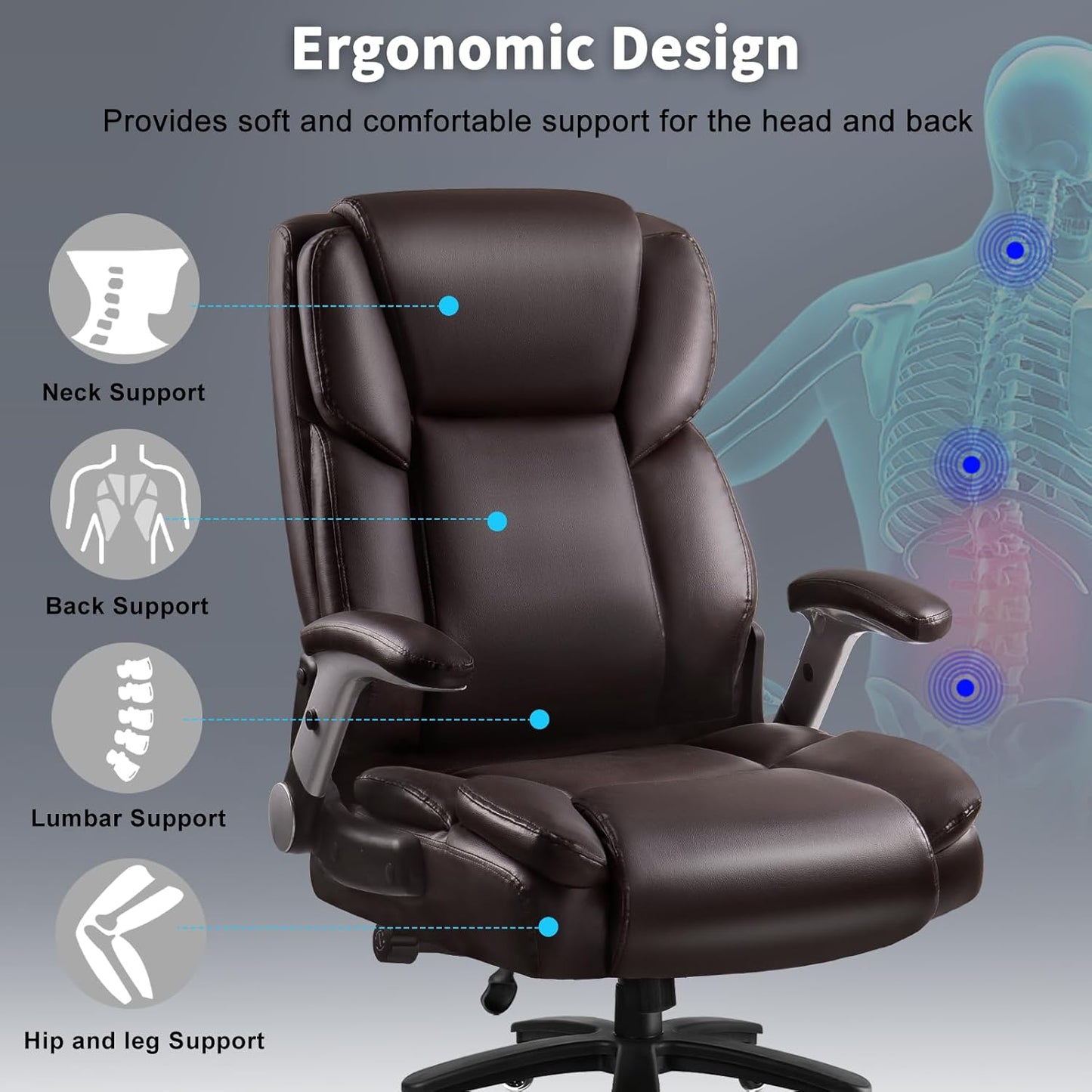 Big and Tall Office Chair 600lbs, Heavy Duty Executive Office Chair for Heavy People, Brown High Back Office Leather Ergonomic Chair with Adjustable Armrests and Lumbar Support for Computer Desk Chair