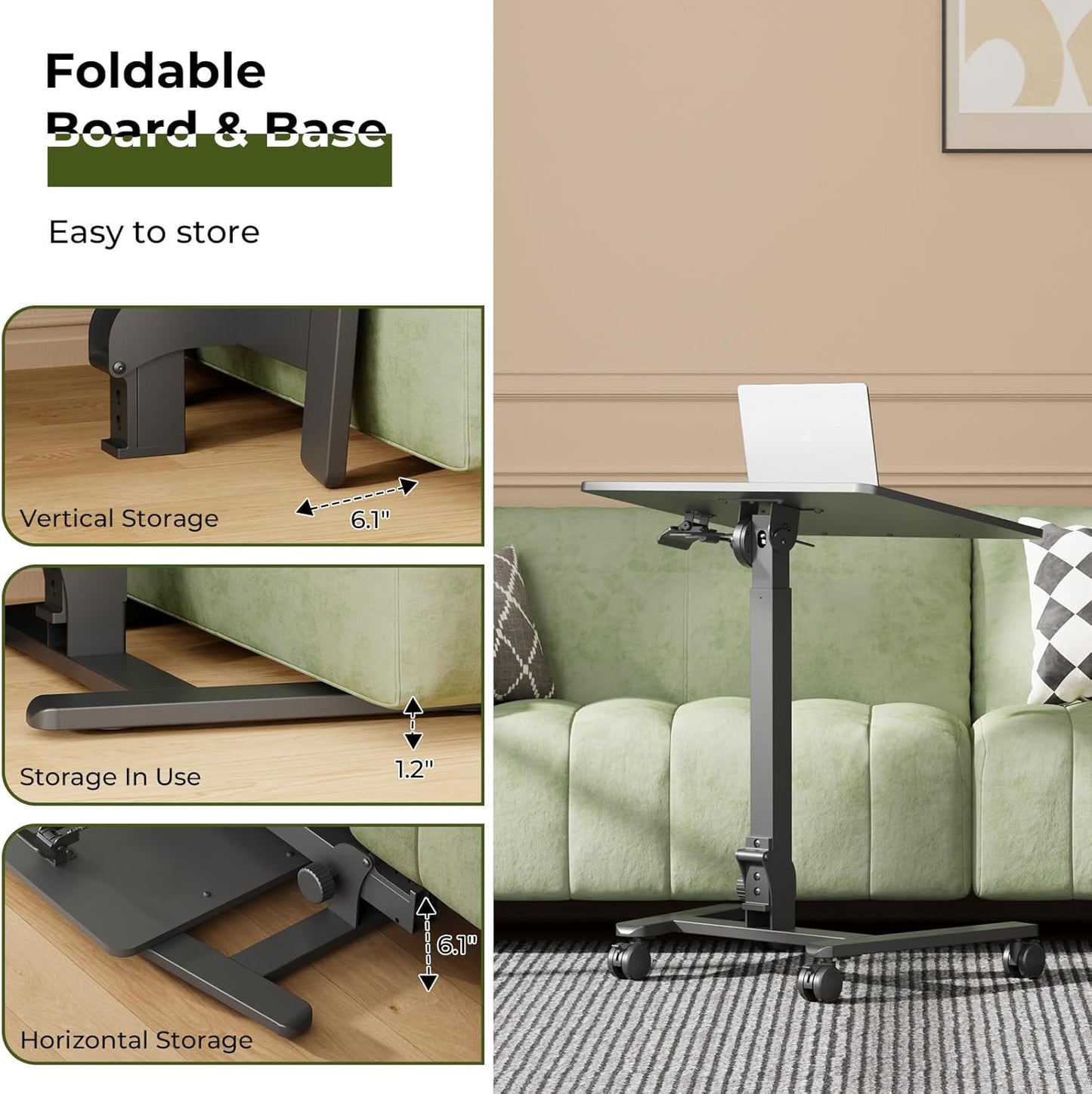 Foldable Standing Desk,Small Mobile Sit-Stand Desk with 90 Tiltable Top,Rolling Rising Laptop Workstation Adjustable Height,Portable Table on Hidden Wheels/4 Lockable Casters,Black