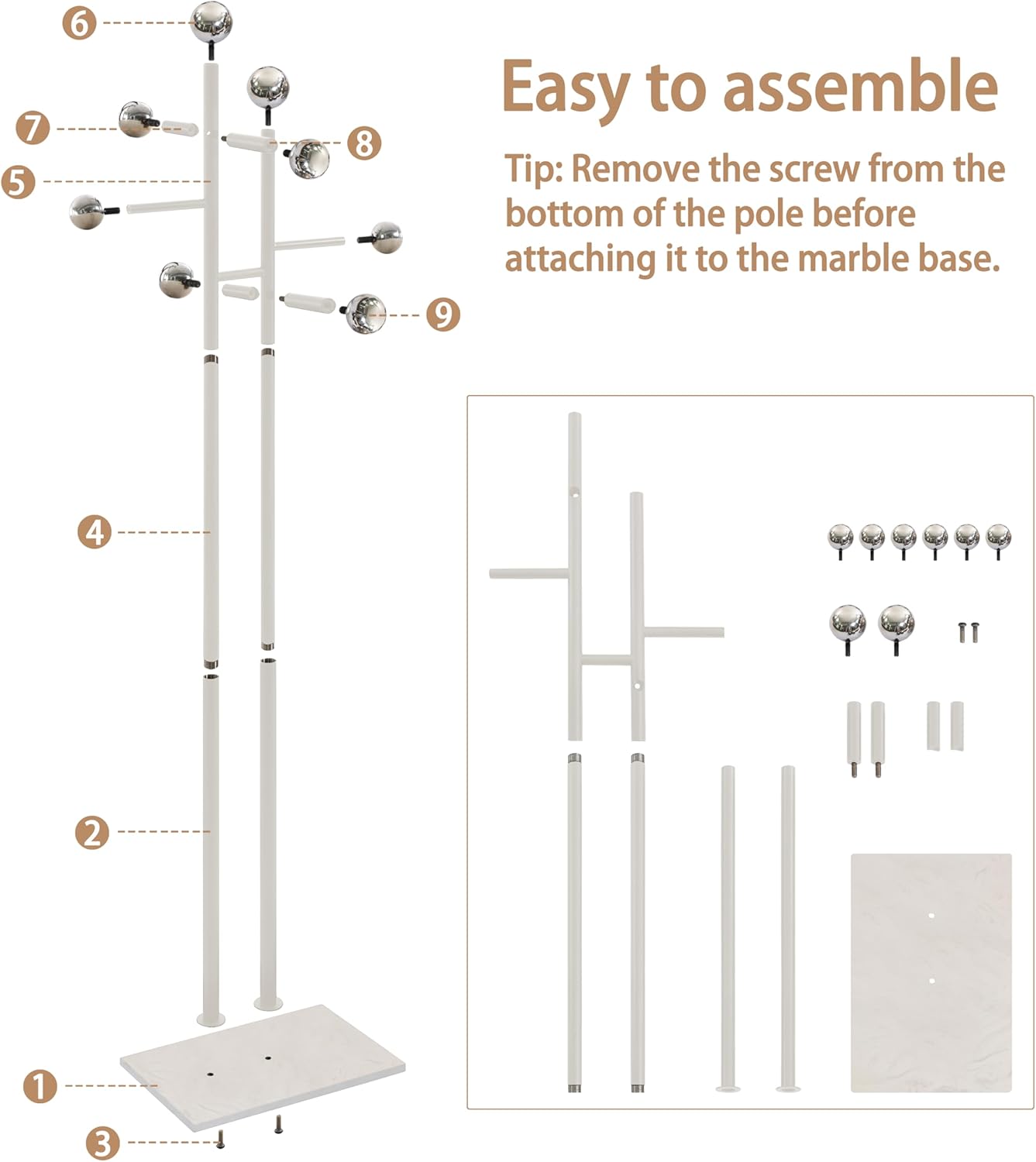 Free Standing Coat Rack with Marble Base & 8 Steel Hooks Clothes Rack for Entryway Bedroom Living Room Hotel 14.96 x 10.24 x 68.9 Inches (White)