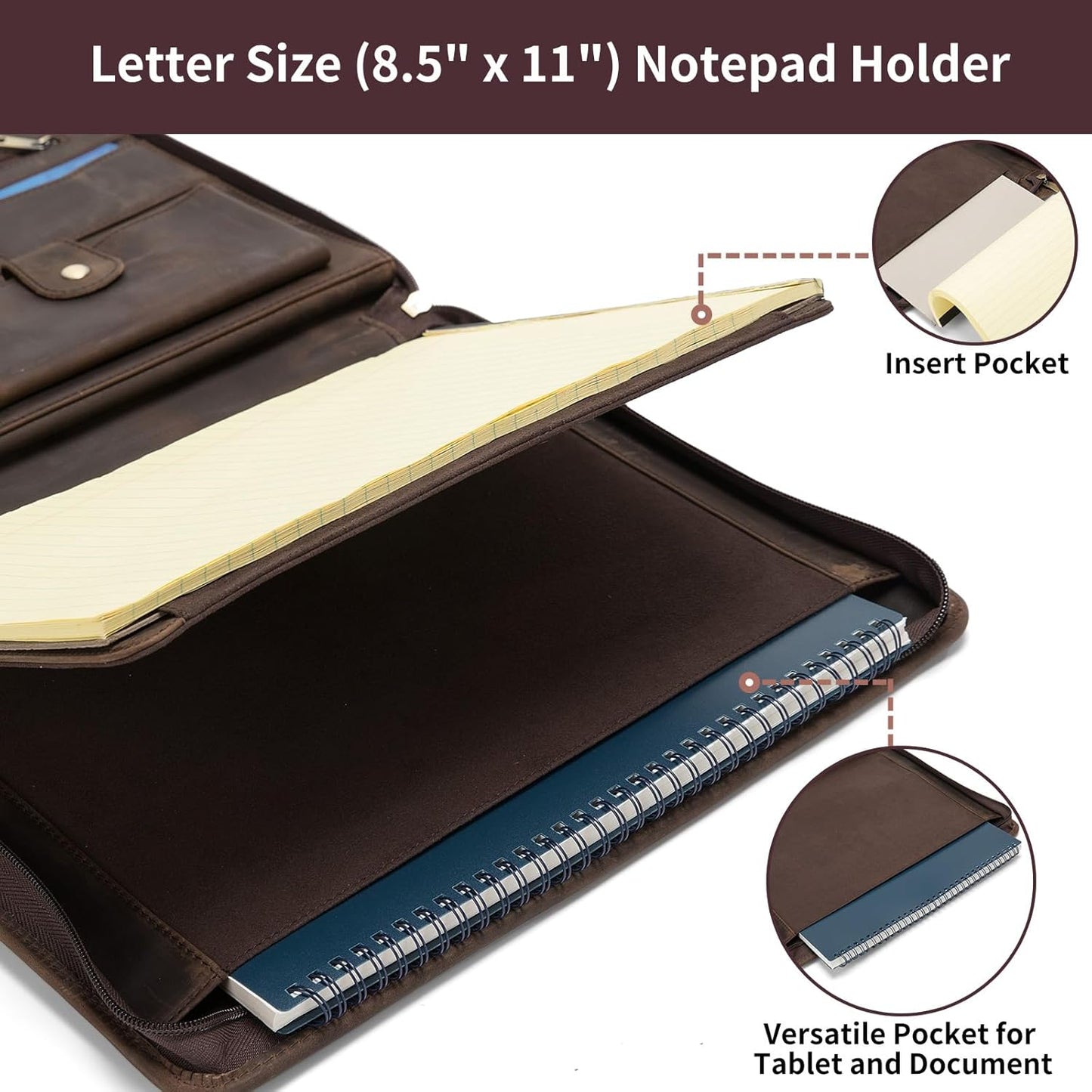 Genuine Leather Portfolio with Front Pocket for Men and Women, 8.5 x 11 Legal Pad Notepad Holder, Zippered Business Organizer, Professional Executive Letter Notebook Folder for Work, Dark Khaki