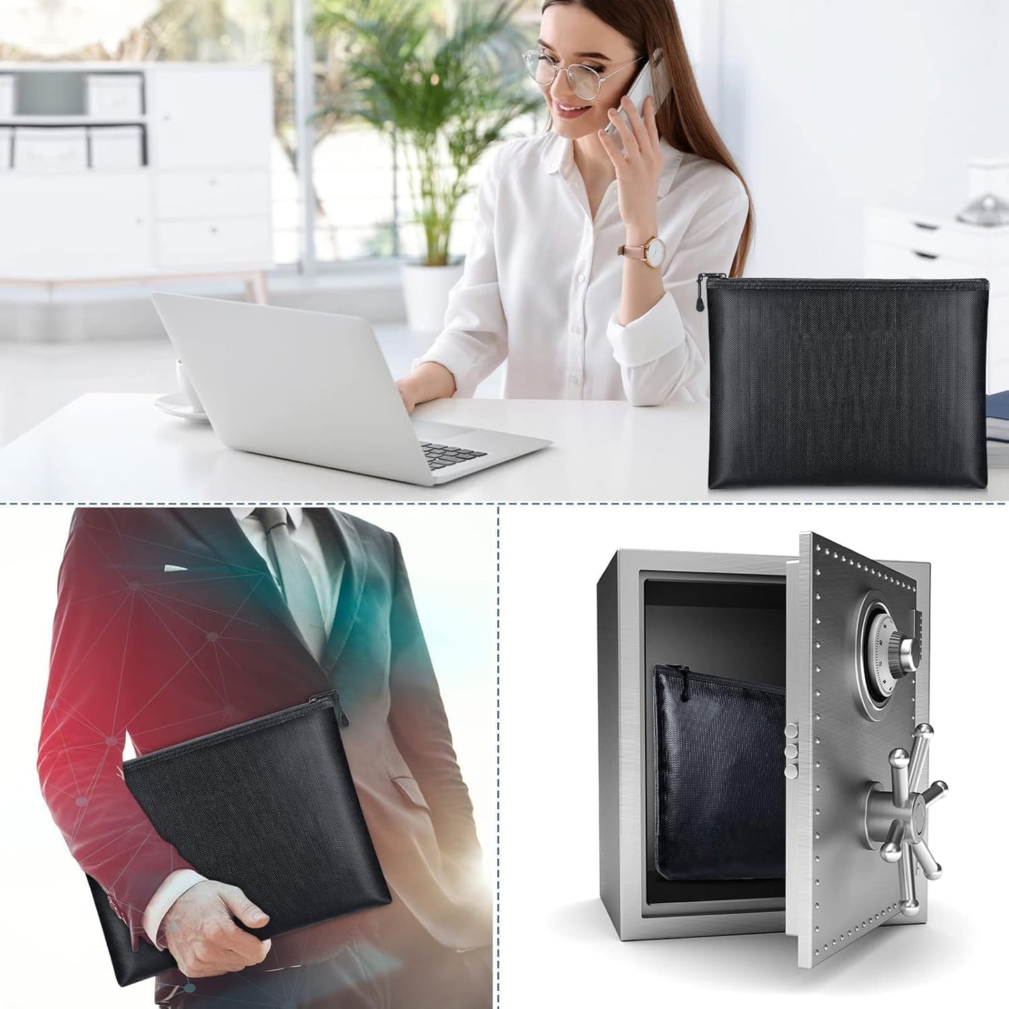 Epakh 2 Pack Fireproof Document Bags 13.4 x 9.4 Inch Waterproof and Fireproof Money Bag Document Holder with Zipper Fireproof Safe Storage Bag for A4 Documents, Money, Passport and Tablet