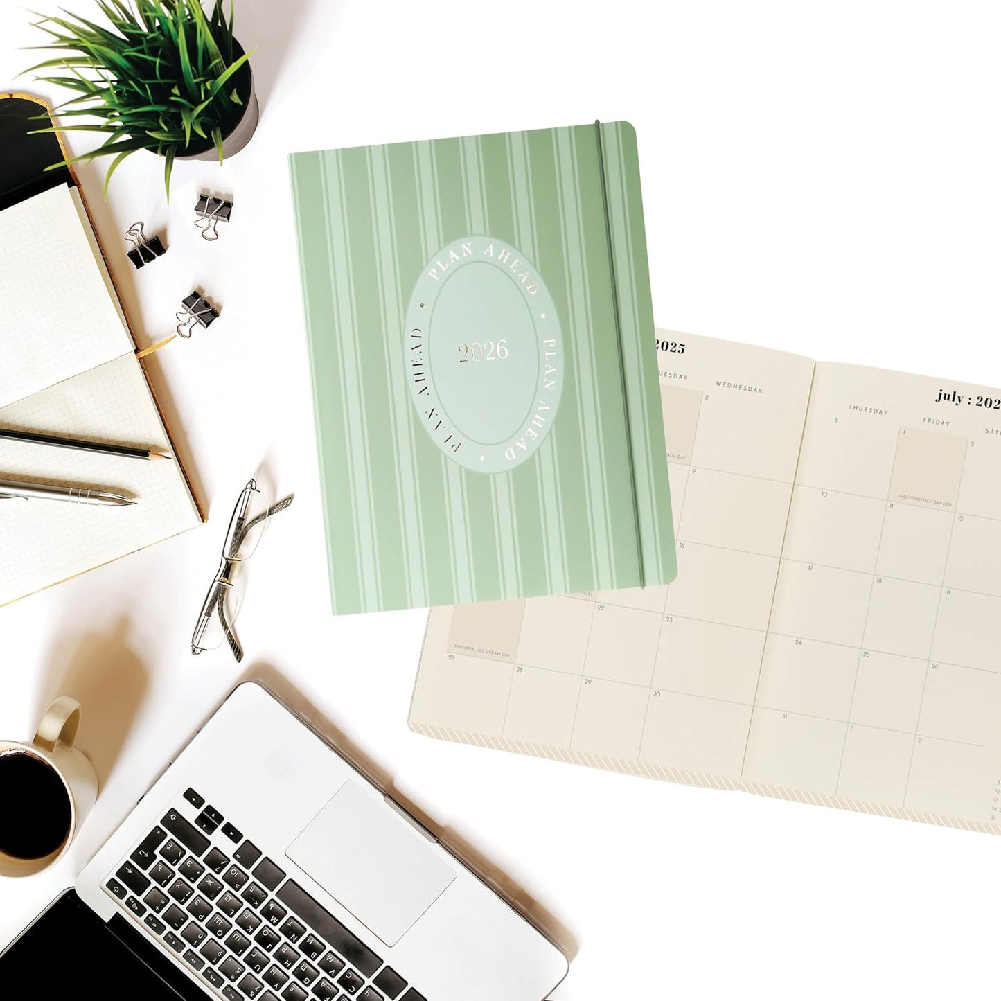 18 Month Planner/Calendar by Graphique, July 2025 – Dec. 2026 Green Stripes Monthly Planner, Holidays, Notes Pages, 8” x 10”