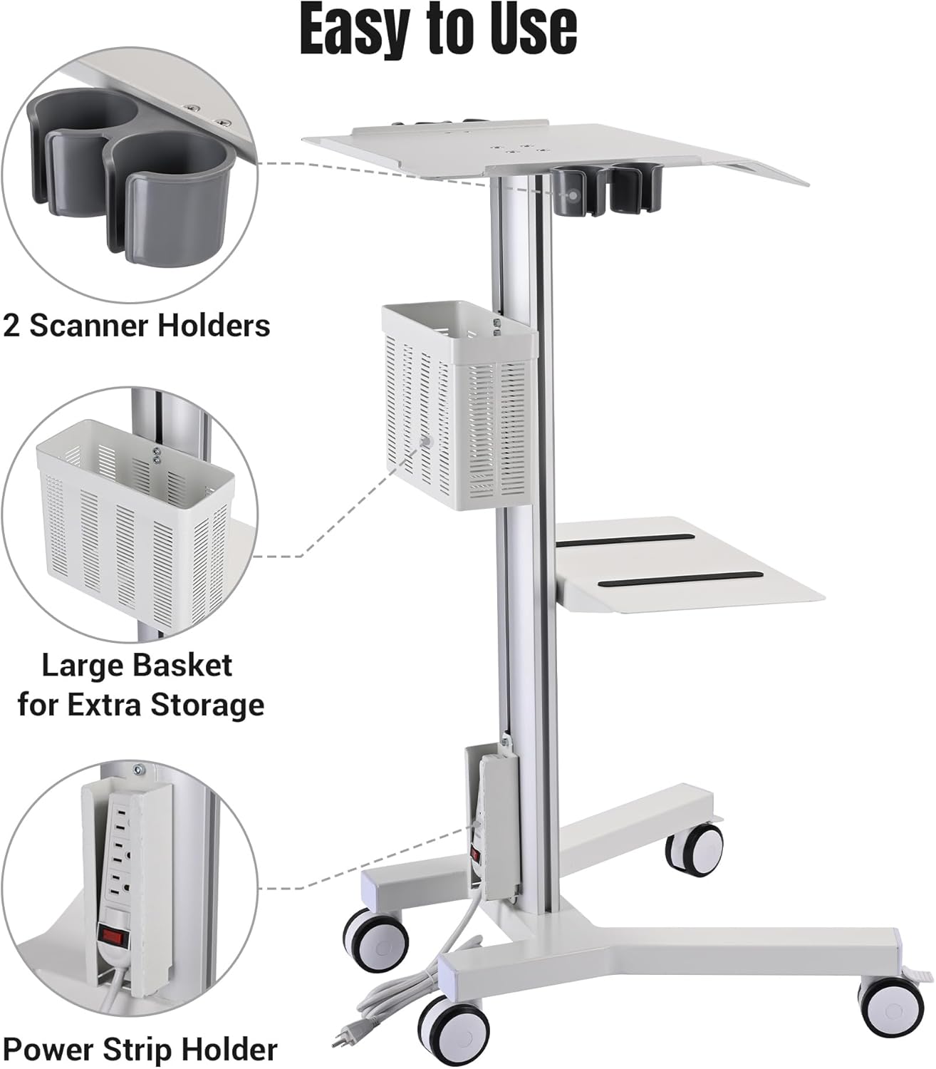 AW Medical Mobile Laptop Cart Rolling PC Stand Ultrasound Imaging Cart Computer Workstation on Wheels with Handle 220 Lbs Capacity CPU Printer Power Strip Holder for Dentistry Clinic Lap Hospital