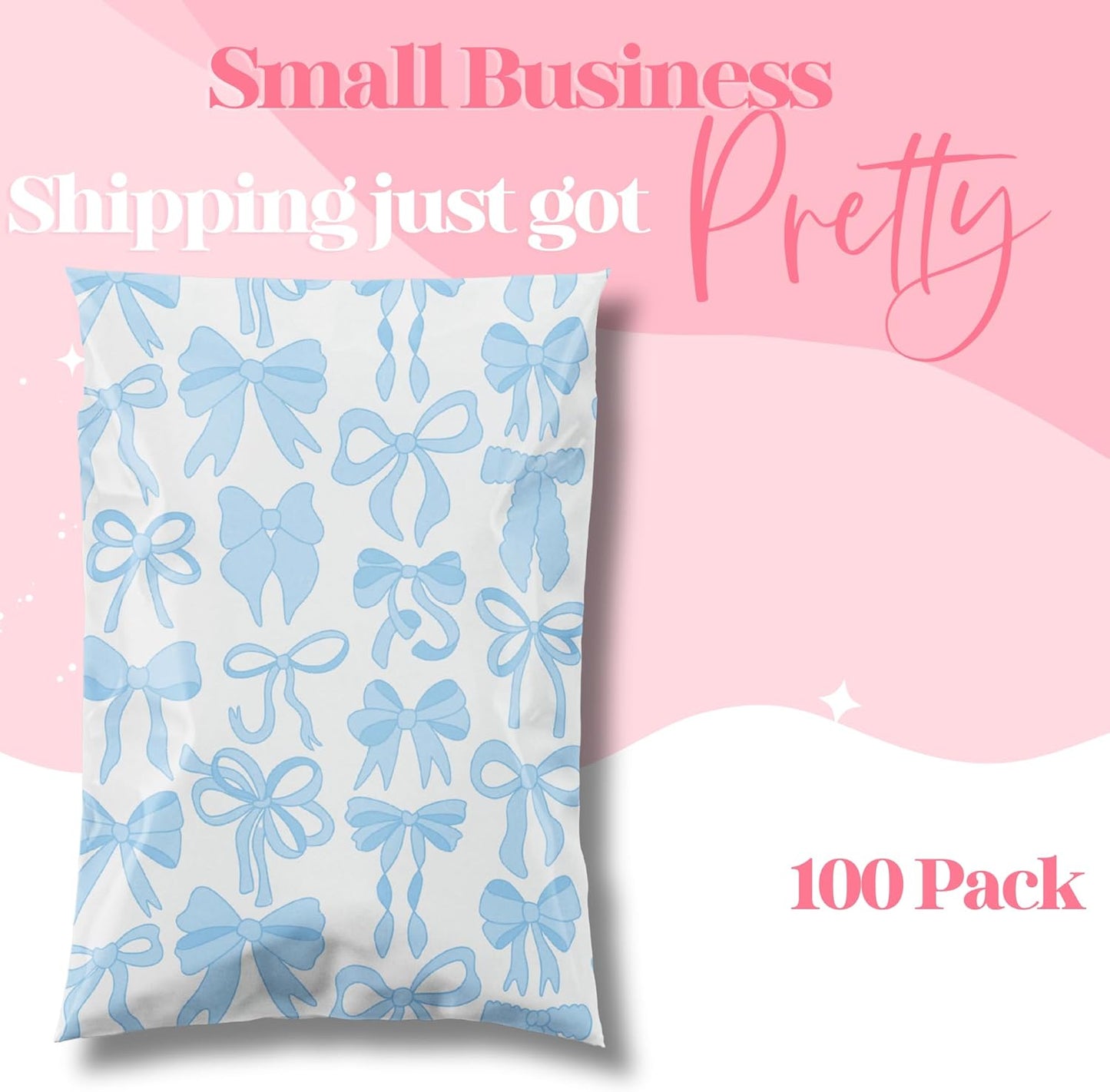 6x9 Designer Poly Mailer 100 Pack Heavy Duty Waterproof Self Seal Shipping Bags for Small Business Large Mailing Envelopes Bulk Tear Resistant Packaging Blue Bows