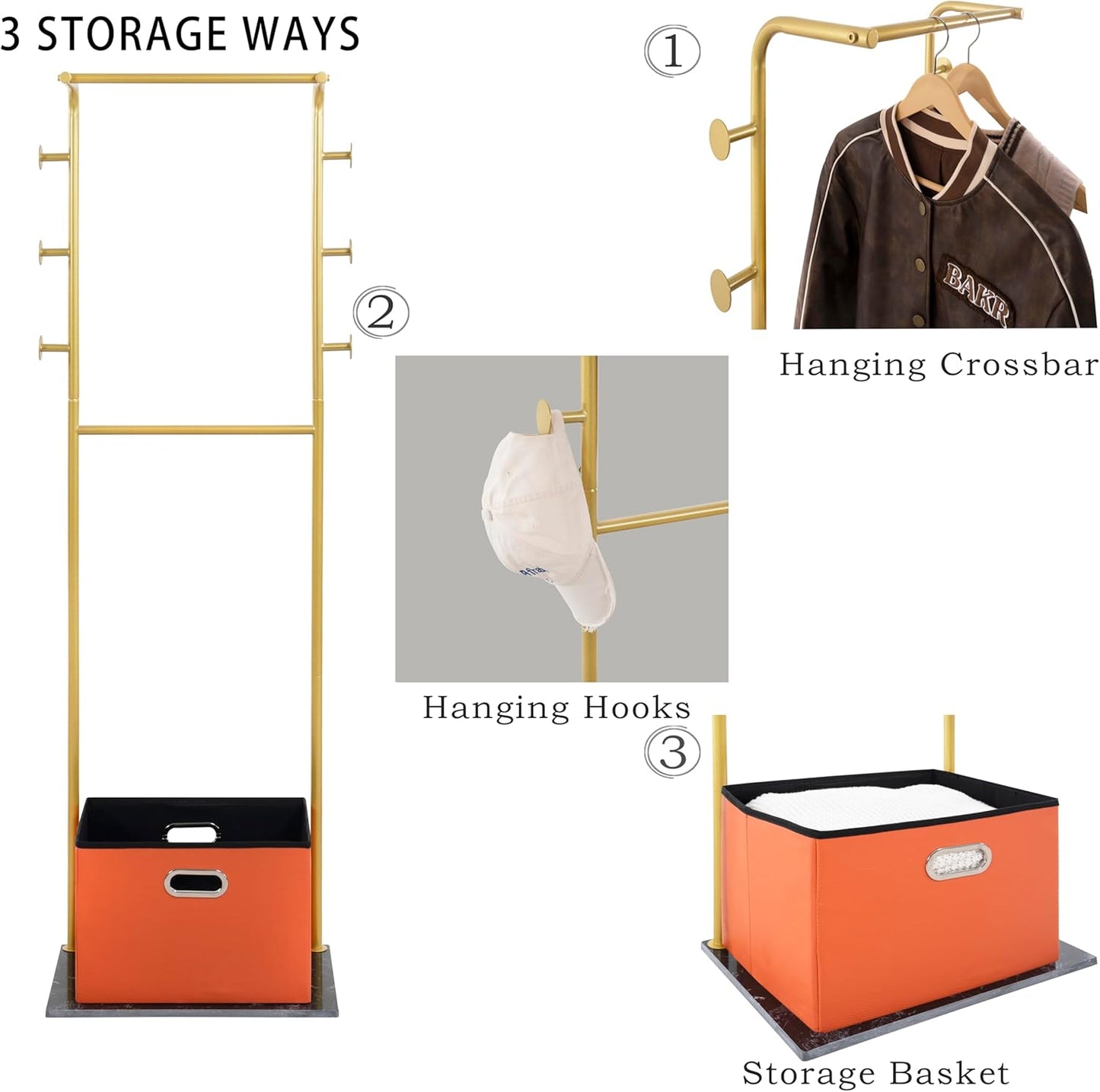 Heavy Duty Coat Rack with Storage Basket Metal Hanging Clothes Rack with Marble Base Modern Standing Clothing Rack for Entryway Bedroom Living Room Hotel 19.69 x 13.39 x 67.72 Inches (Gold)