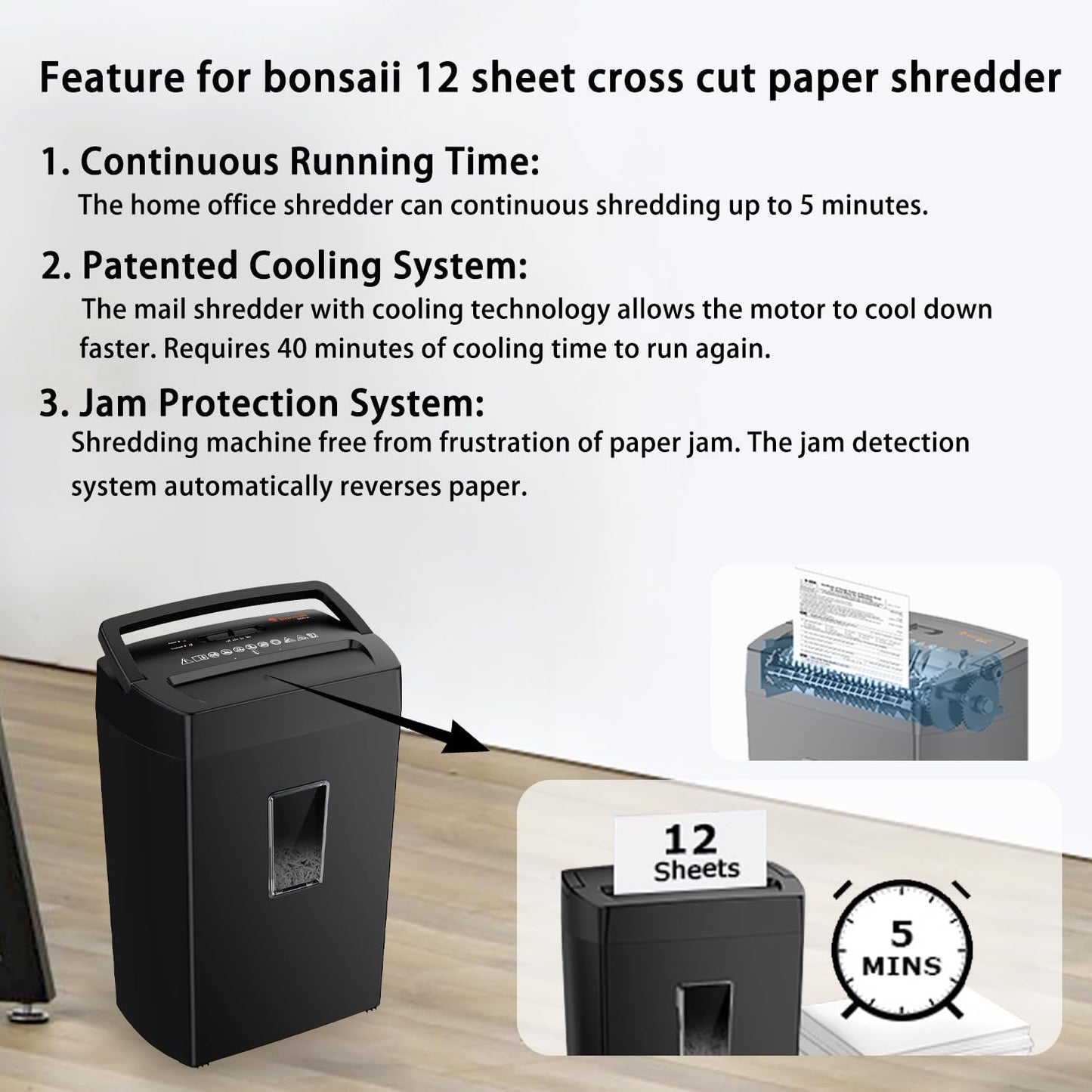 Bonsaii 12-Sheet Cross Cut Paper Shredder, P-4 High Security, Shreds Paper, Credit Cards, Staples, Clips, CDs, 5.5 Gal Home Office Heavy Duty Shredder with Transparent Window, Black