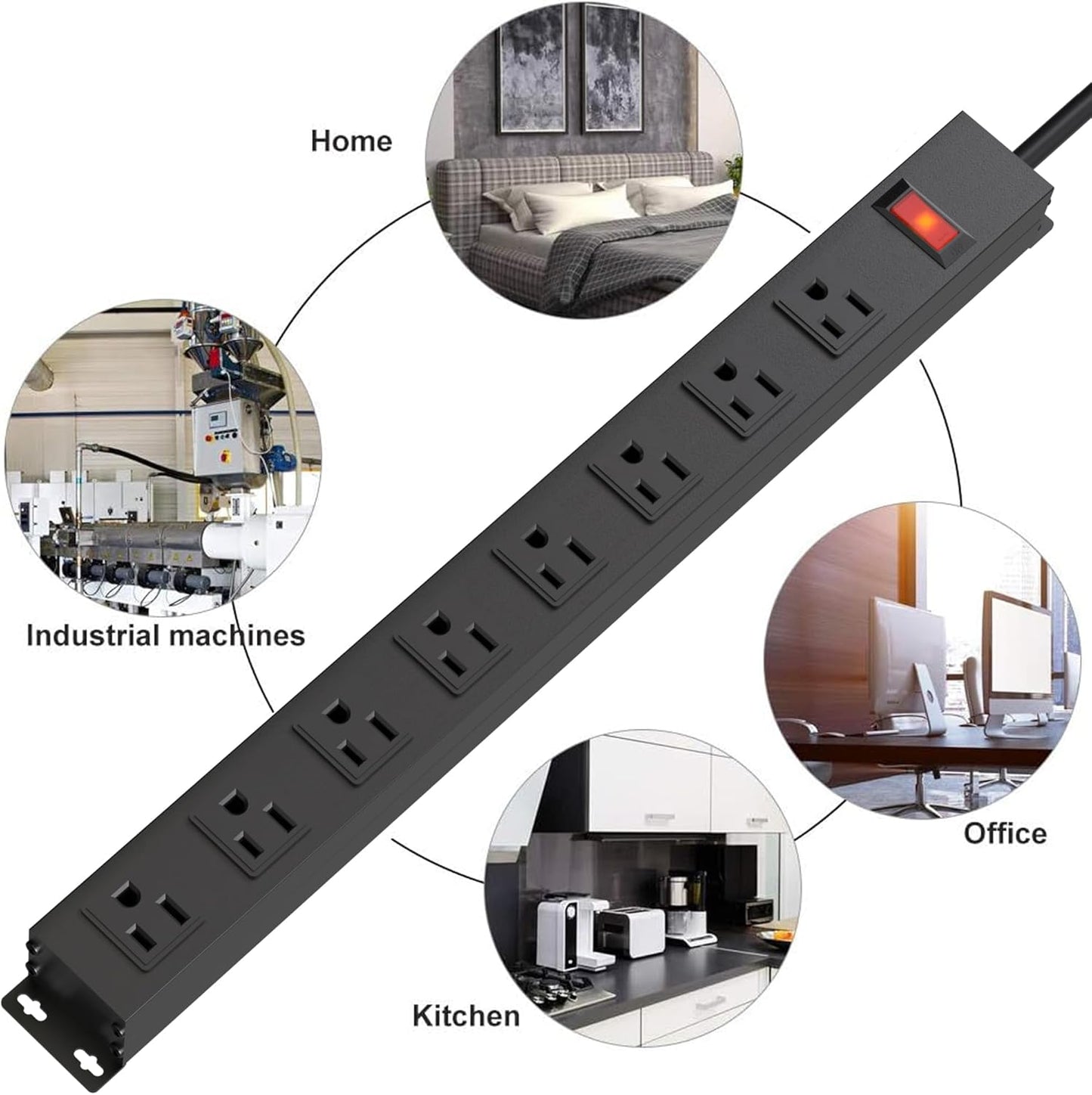 8 Outlets Metal Heavy Duty Power Strip with 12 Ft 14AWG Power Cord,Wide Spaced Outlets,Wall Mount Long Power Strip for Commercial,Industrial,School,Garage,Home,15A 125V 1875W,Black (12FT)