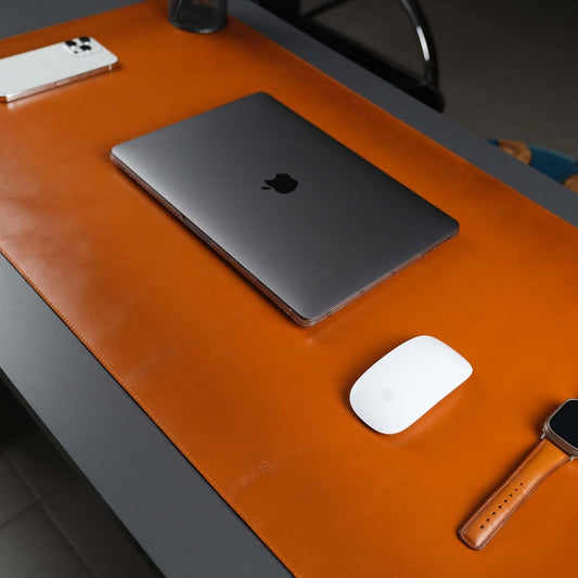 Jersey Genuine Calfskin Leather Desk Pad, Office Desk Mat with Non-Slip Bottom, Smooth Surface for Mouse & Keyboard, Desk Protector (14.6x31.5 inches) (Tan)