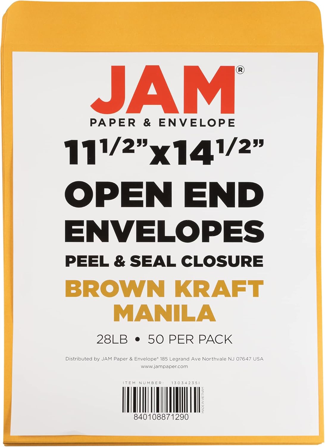 JAM PAPER 11 1/2 x 14 1/2 Open End Catalog Commercial Envelopes with Peel and Seal Closure - Brown Kraft Manila - Bulk 250/Box