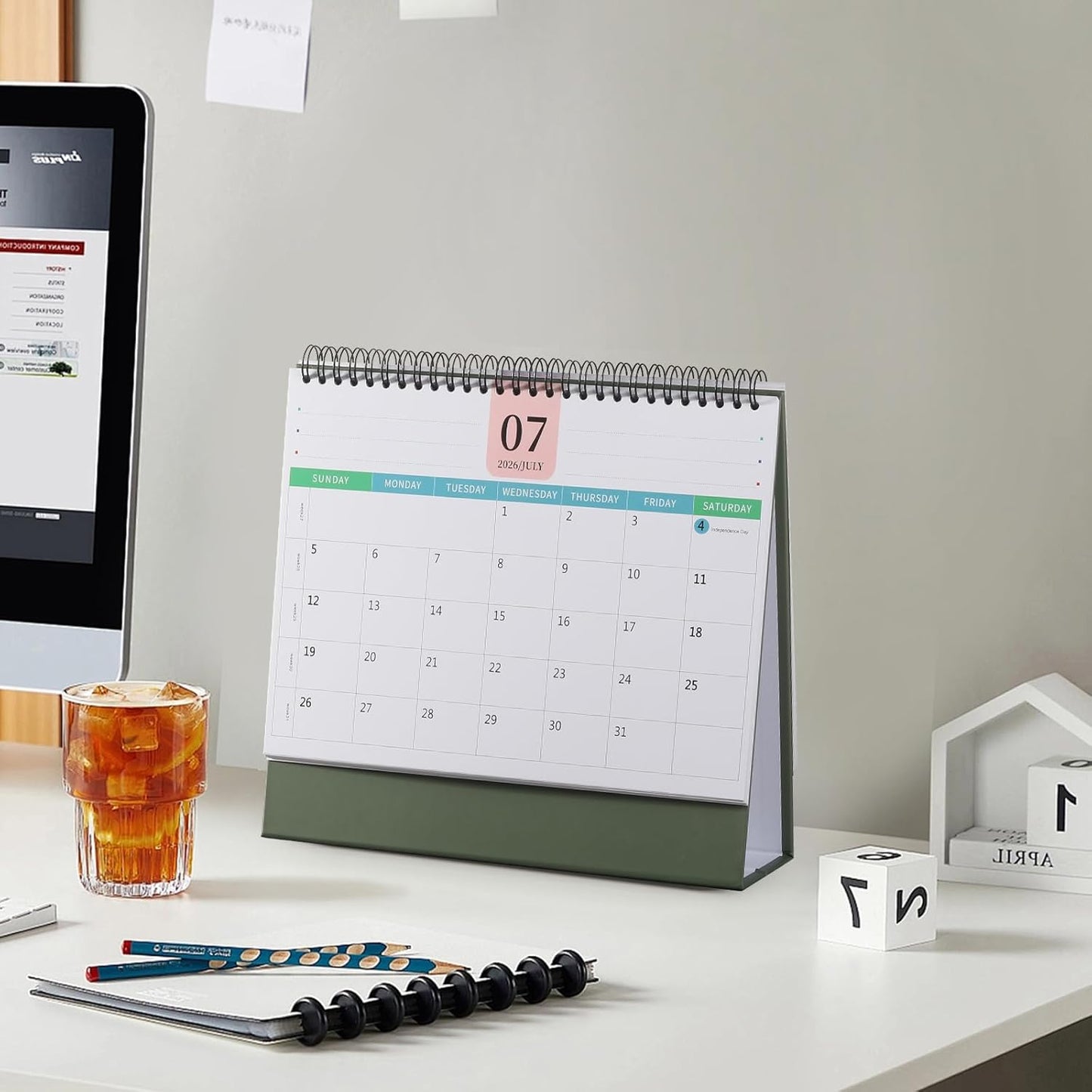 Desk Calendar 2026-2027, 2 Years Calendar Runs from Jan. 2026 until Dec 2027, Table Monthly Planner with Stickers for Home,Office,School Organization(L-Pink+Green,9.8" x 9.6")