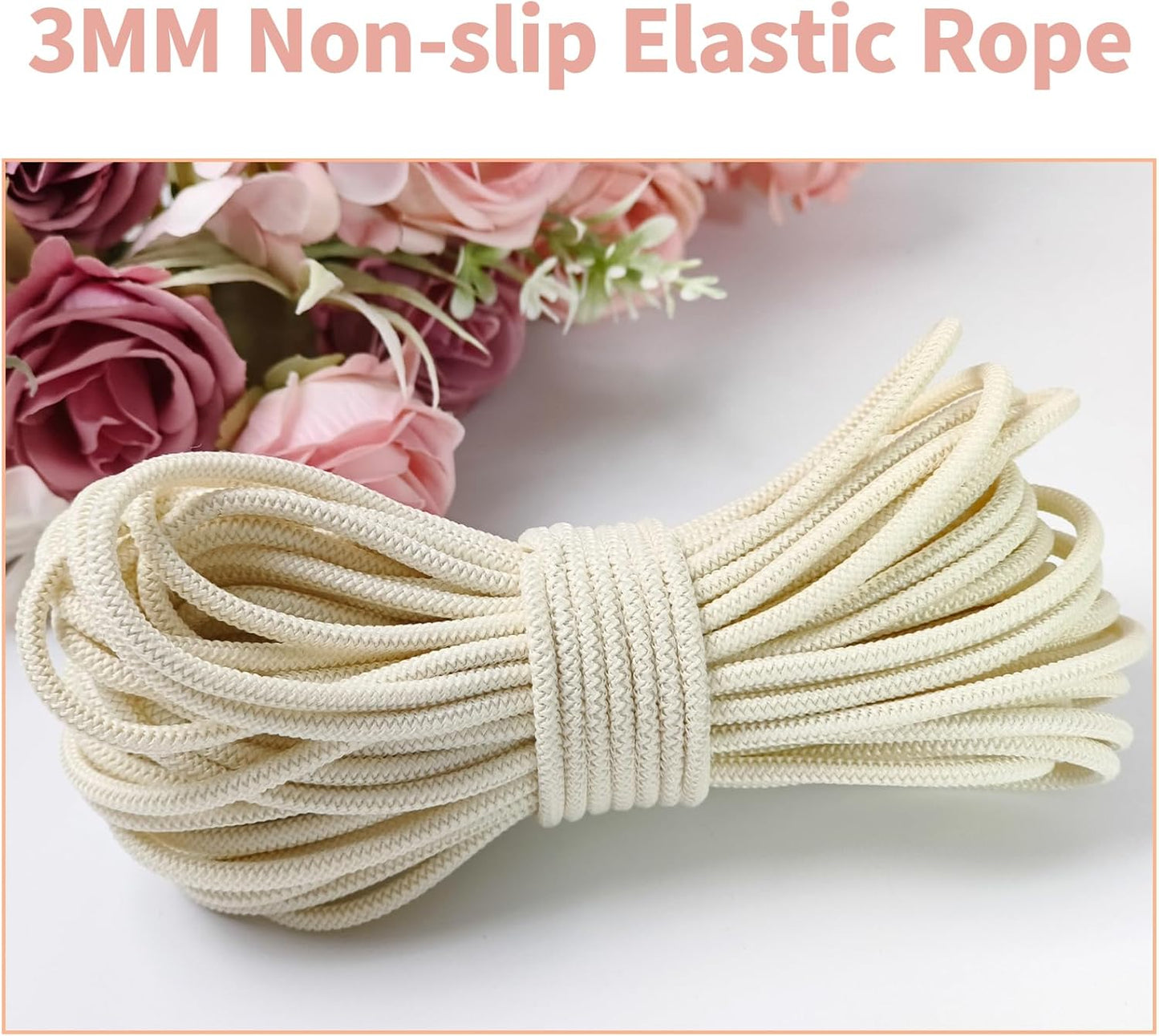 1/8 inch Non-Slip Elastic Band -3mm 15 Yards Soft Elastic Cord Stretch String Braided Thread for Sports Gear, DIY Crafts, Hair Bands, Shoelaces,Apparel Making & Camping Tie Down (Ivory)