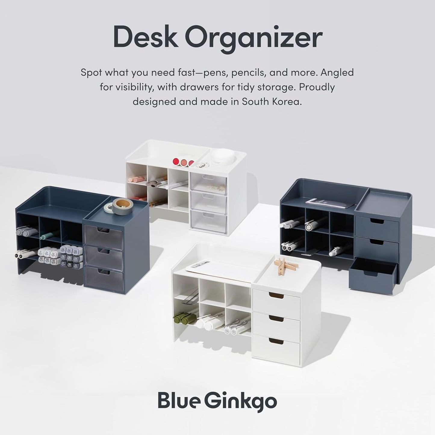 BLUE GINKGO Hive Stack Desk Organizer – Stackable Pen Holder, Stationary Organizer with Drawers - Office Storage, School Supplies, Makeup (Made in Korea, White)
