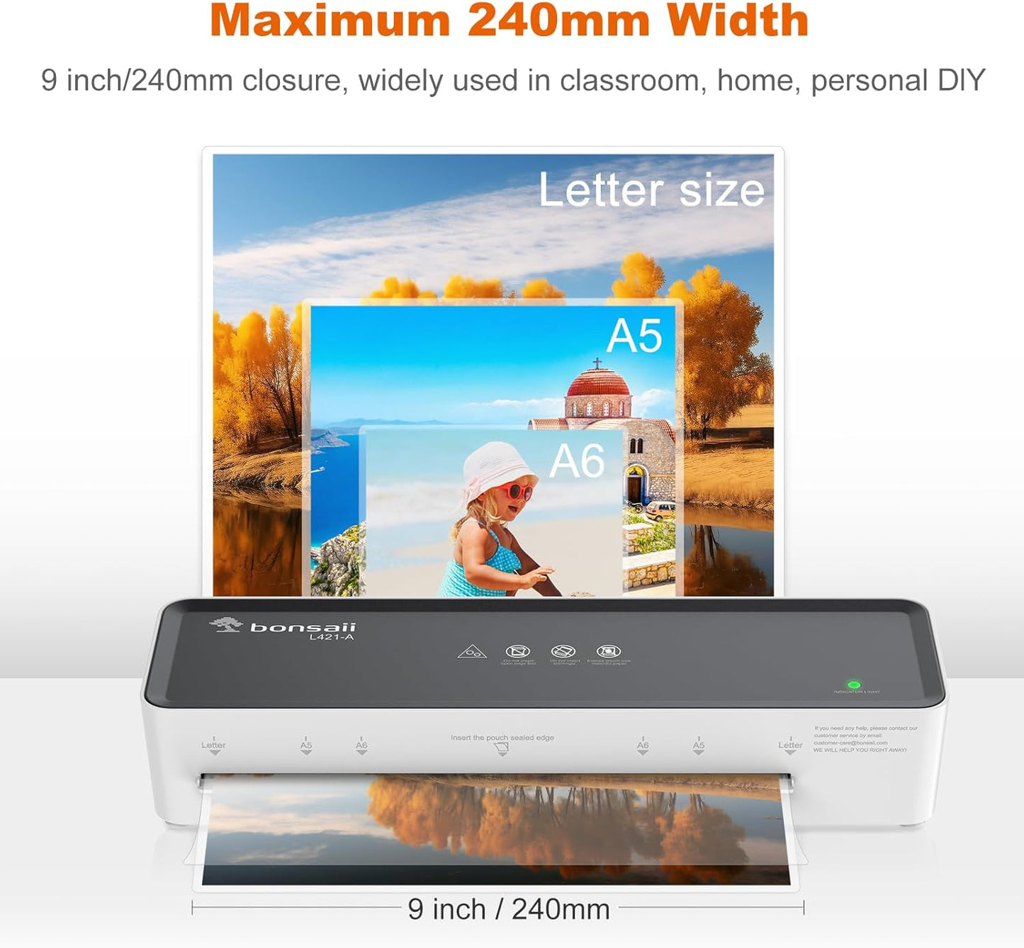 Bonsaii Laminator Machine with 5 Laminating Sheets, 9 Inch Thermal Laminating Machine for Doc/Posters/Photos, Compact Laminator for Home Office School, L421-Grey