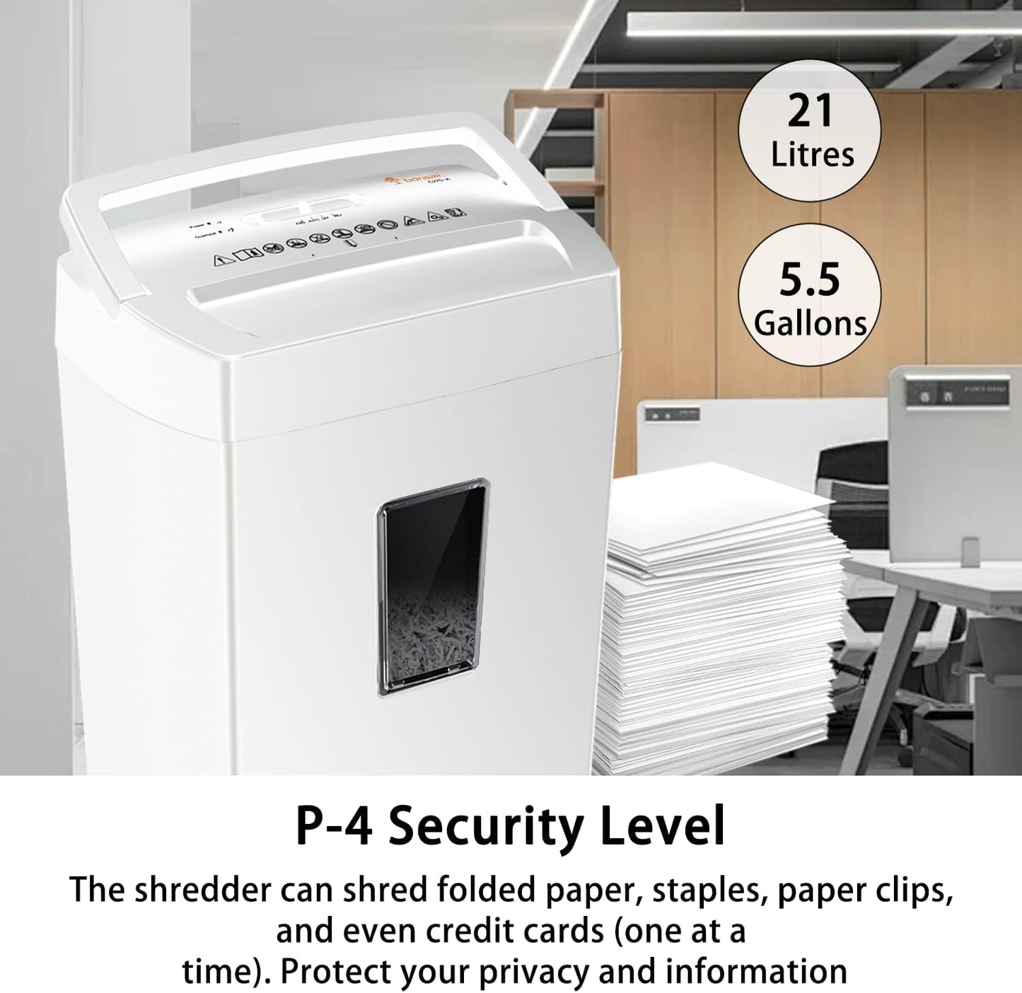 Bonsaii 12-Sheet Cross Cut Shredder, P-4 High Security Shredding, 5.5 Gal, Heavy Duty for Home Office, Shreds Paper, Credit Card, Mail, Staples, with Transparent Window, White
