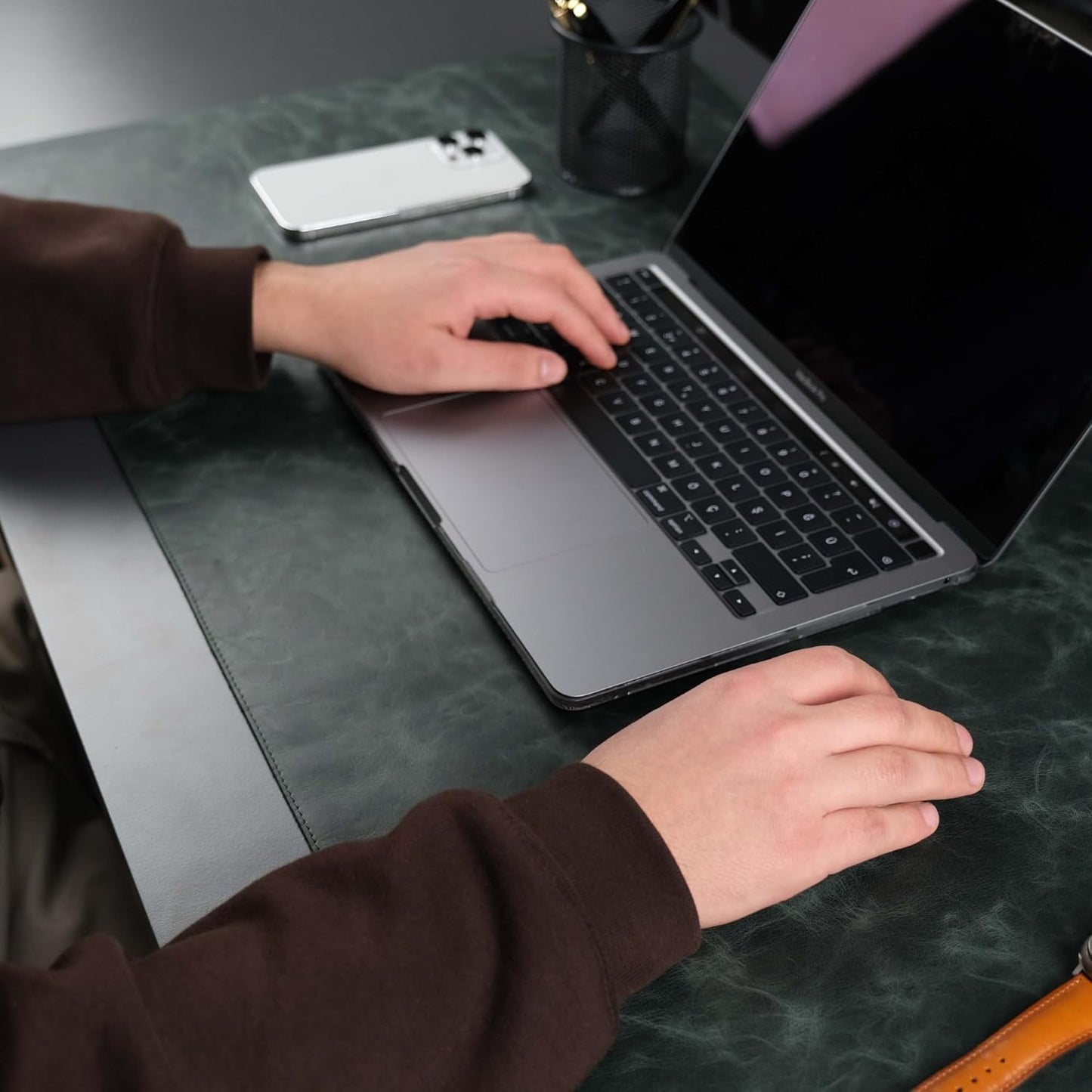 Jersey Genuine Calfskin Leather Desk Pad, Office Desk Mat with Non-Slip Bottom, Smooth Surface for Mouse & Keyboard, Desk Protector (36x19 inches) (Dark Green)