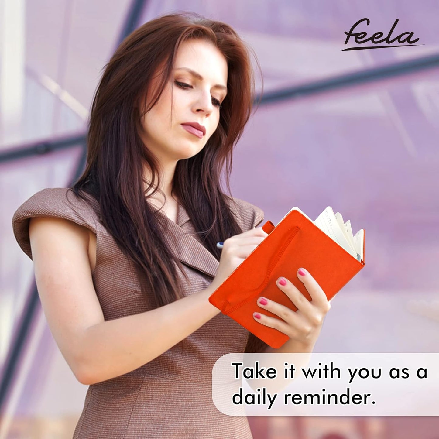 feela 24 Pack Journal Notebook for Work, Business Notebook Bulk Hardcover Lined Writing Journal with Pen Holder for Men Women Note Taking, with 24 Black Pens, 120 GSM, 5.1”x8.3”, A5, Orange