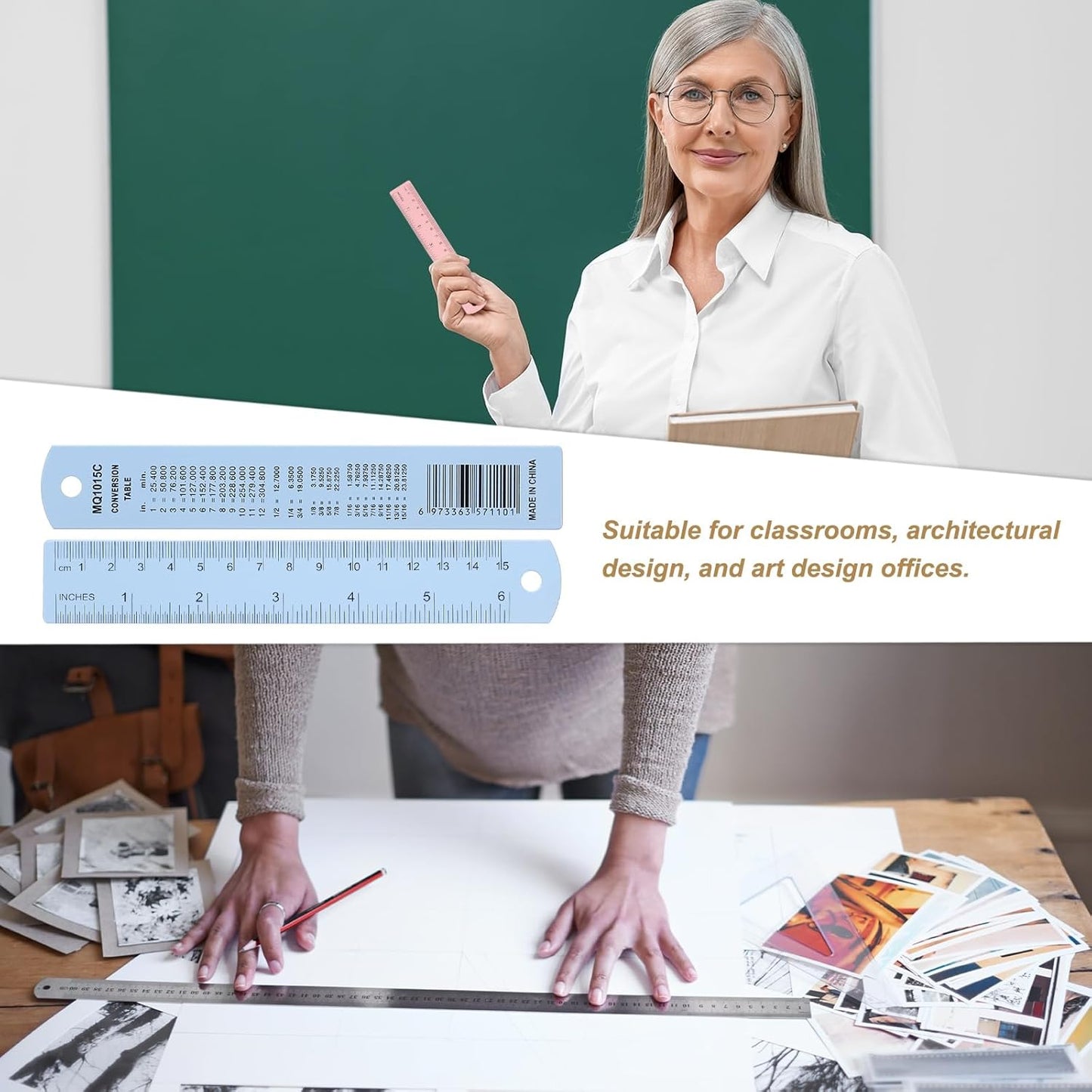 HARFINGTON 4pcs Metal Straight Ruler 15cm Metric SAE Aluminum Alloy Measuring Rulers Scale Tool with Hole for Measure Study Reading Classroom Office, Light Blue