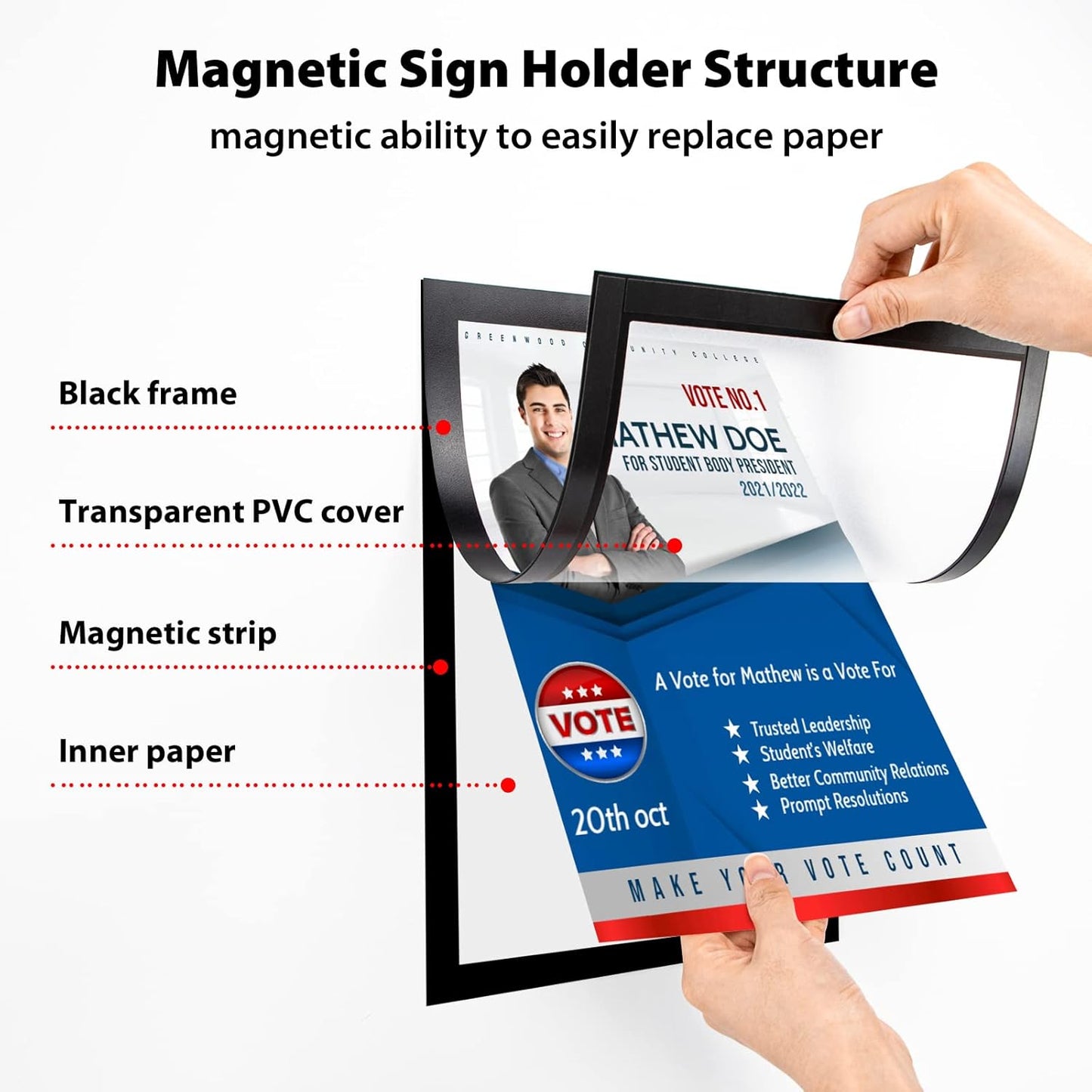 8.5" x 11" Magnetic Self-Adhesive Display Frame, Double Sided Window Magnetic Sign Holder with Clear PVC and Strong Magnetic for Office/Home/Store/Door/Glass/Wall Display Frame (Black, 2Pack)