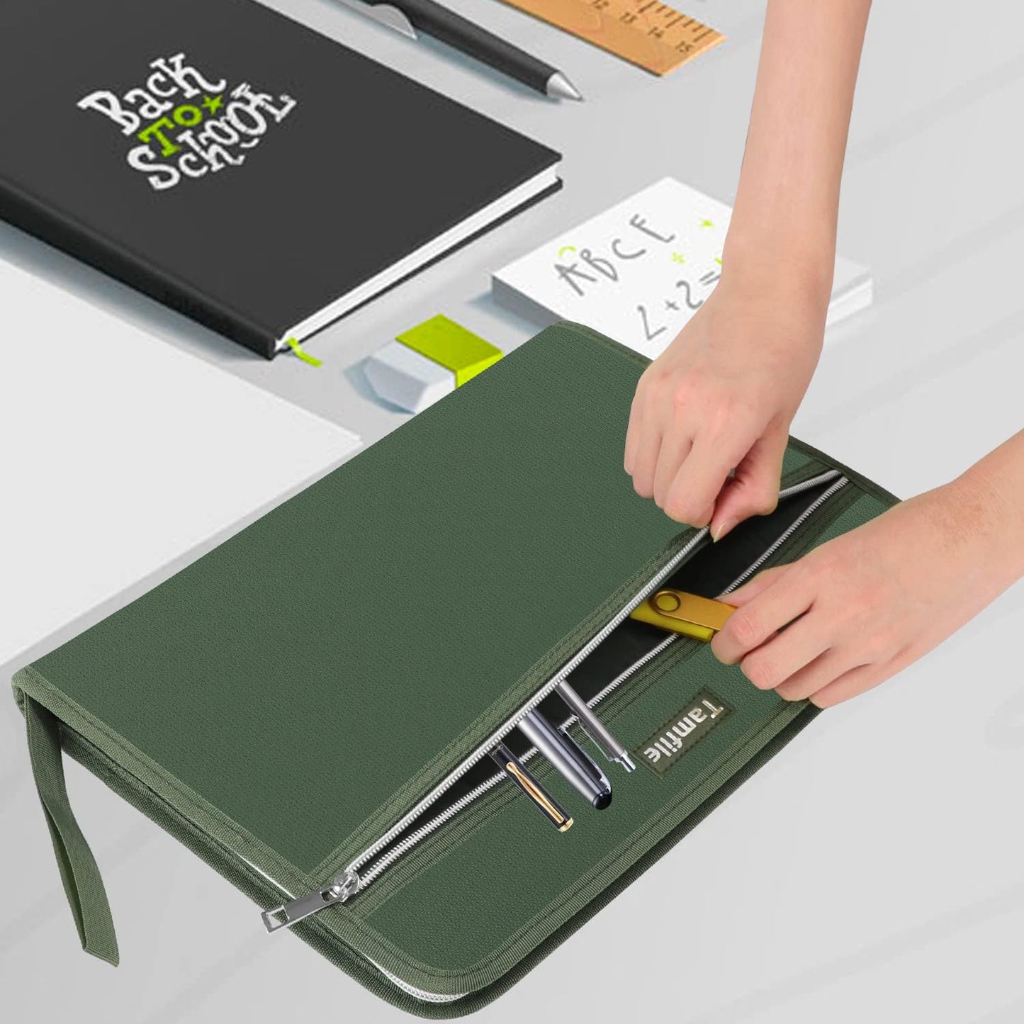 Fireproof Safe Accordion File Organizer Bag Folder,Waterproof Expanding Filing Folder with 14 Pockets, A4 Letter Size, Document Organizer Holder and Color Labels /2 Zipper (Green 14.3" x 9.8")