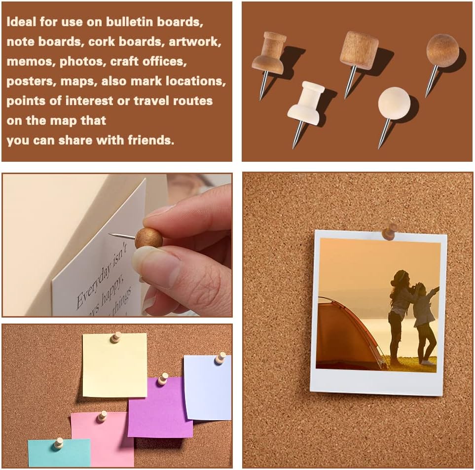 60 Pcs Wood Push Pins, 2 Colors and 5 Types Decorative Thumb Tacks Wooden Head Pin Map Tacks Marking Pin, Wood Thumb Tacks Decorative for Bulletin Boards Craft Projects with Storage Box
