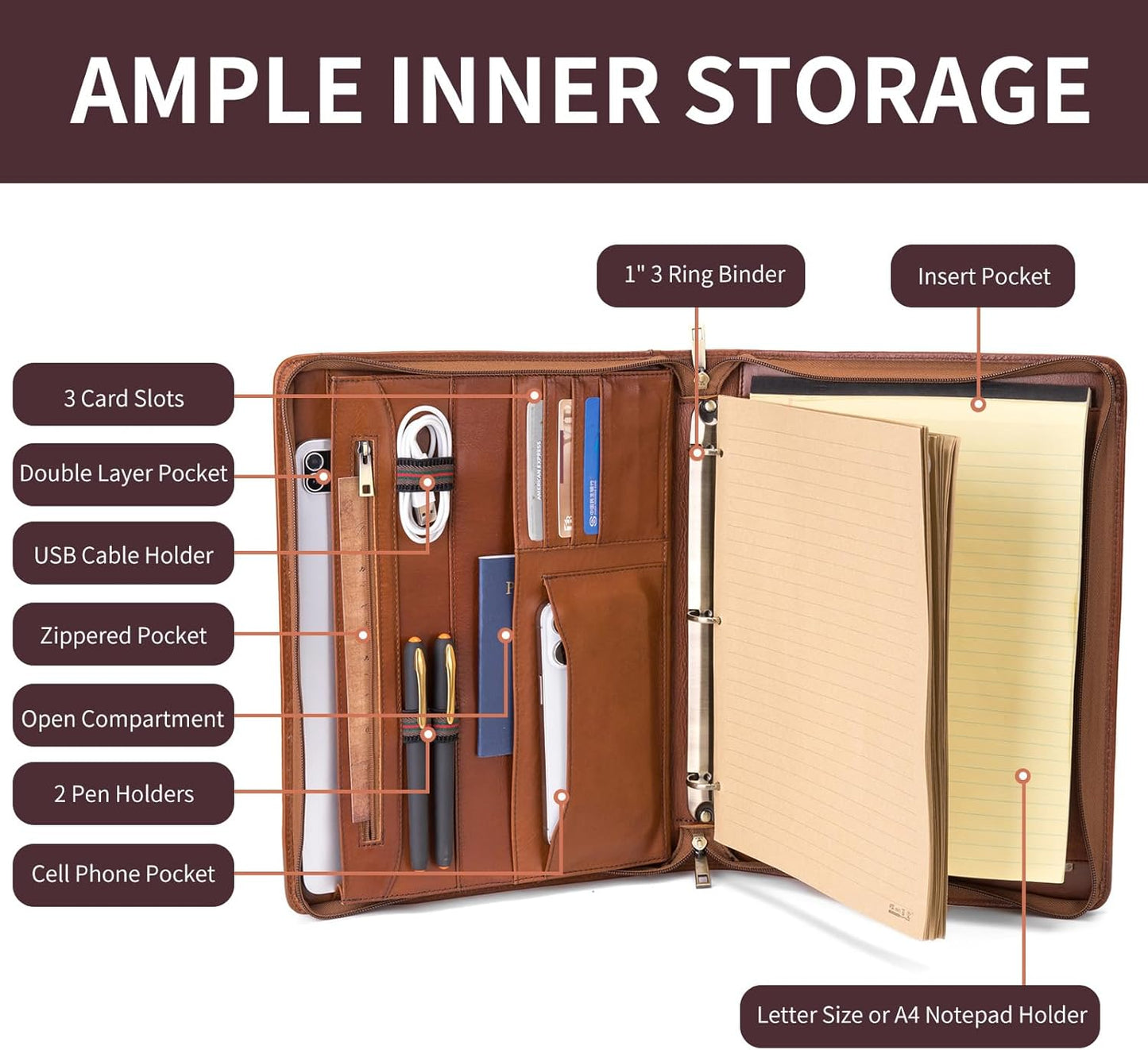3 Ring Binder Genuine Leather Portfolio, Front Pocket, 8.5 x 11 Legal Pad Padfolio for Men and Women, Zip Notepad Laptop Organizer, Professional Business Executive Work Folio, Brown, Oil Tanned