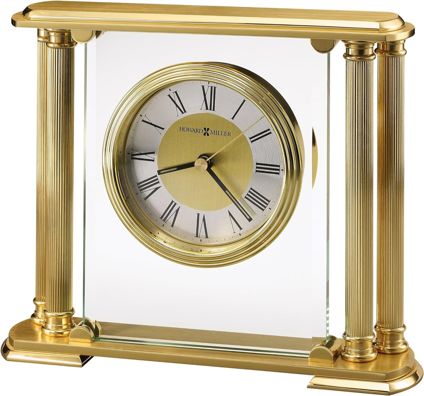 Howard Miller Challis Table Clock II 549-649 – Brushed Solid Brass Finish, Glass Crystal, Polished Edges, Brass Feet & Felt Bottom, Antique Home Décor, Quartz Movement