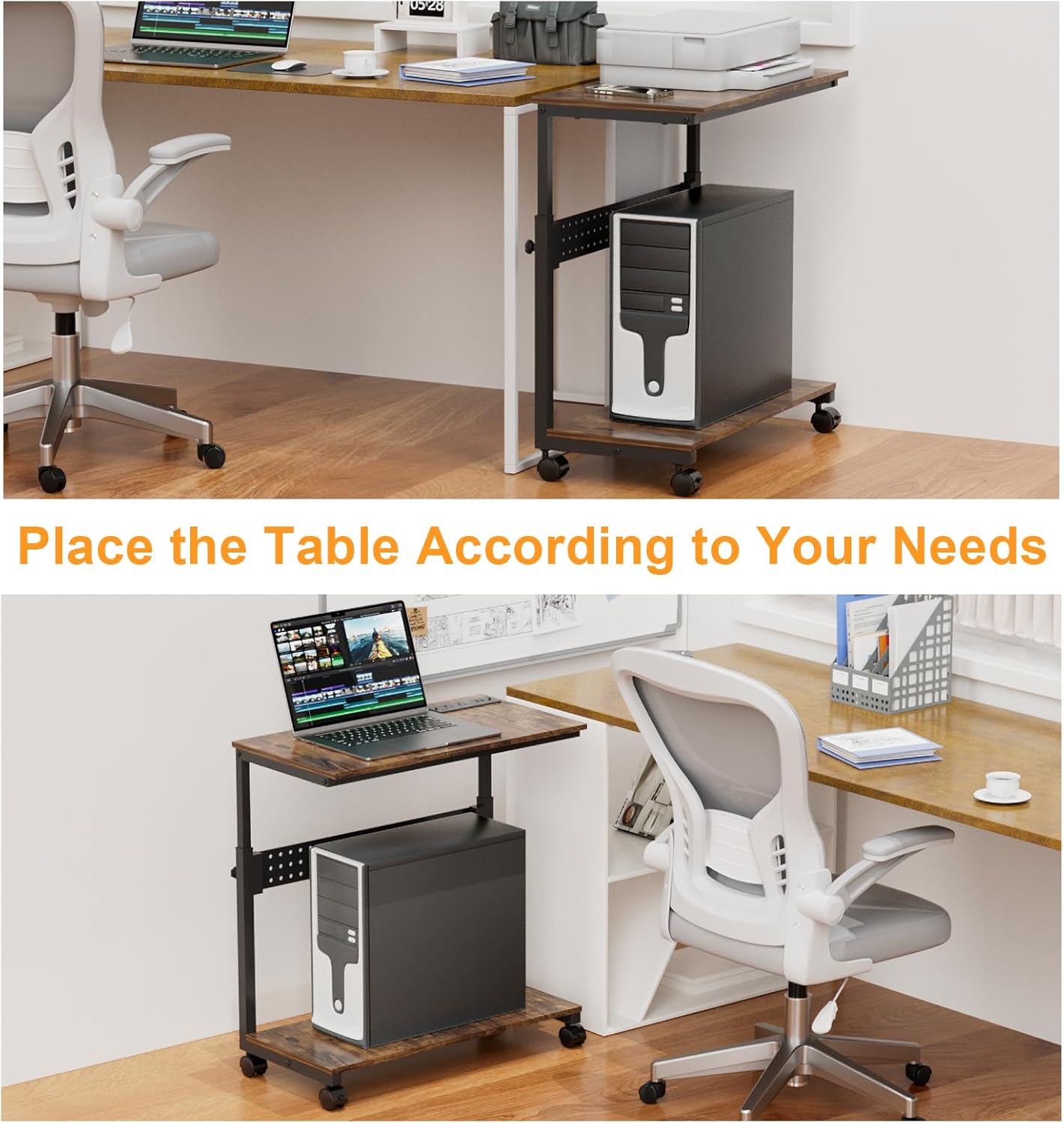 Computer Tower Stand with Charging Station, Height Adjustable 2-Tier CPU Stand with Power Strip and USB Ports, PC Tower Cart with Wheels and Printer Shelf, Rustic Brown and Black