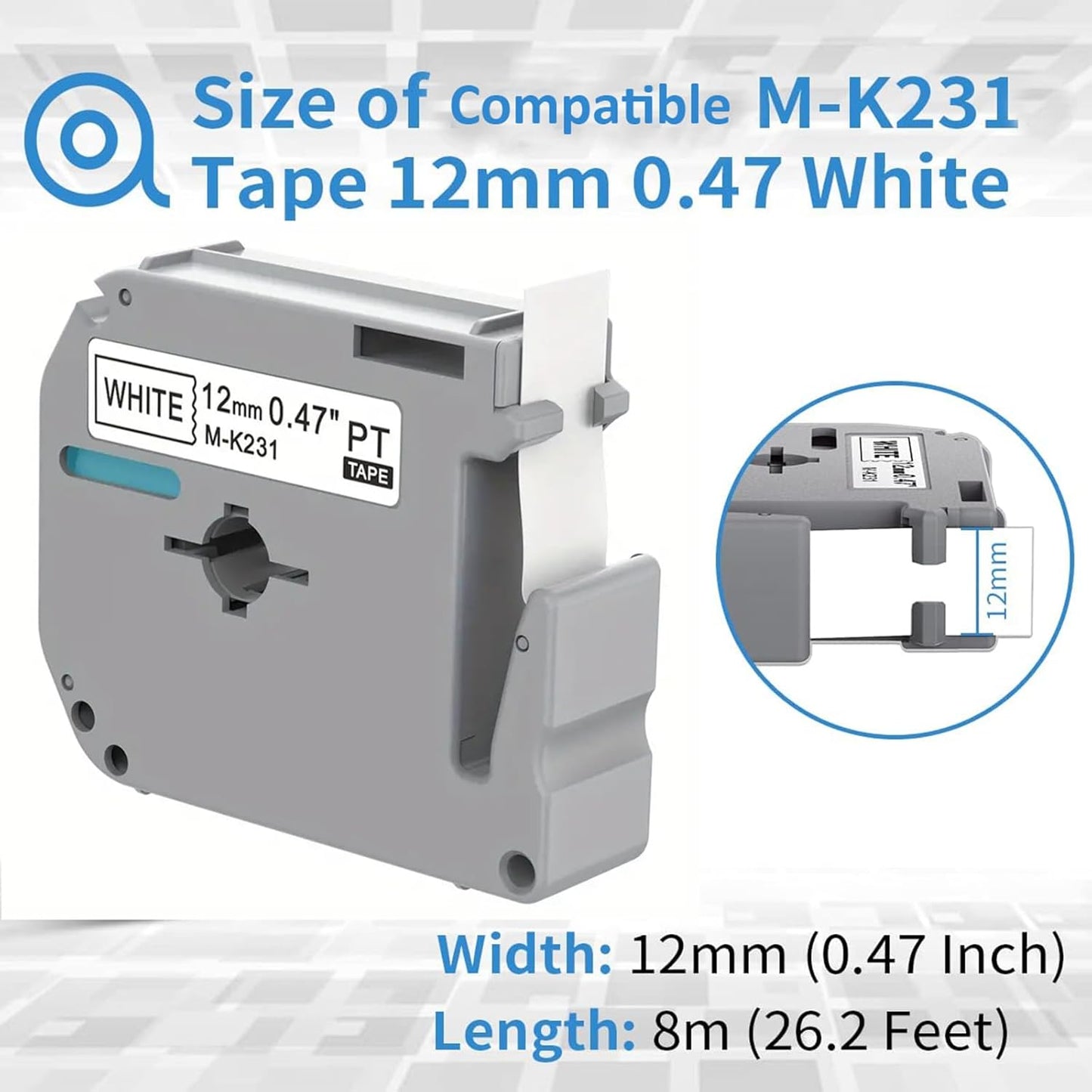 8 Pack M-K231 M Tape 12mm Compatible with M-K231s Brother Label Tape Black on White 0.47 Inch Tape for P Touch PT-M95 PT95 PT65 PT-65 PT70 PT85 PT90 Label Maker Tape Refill