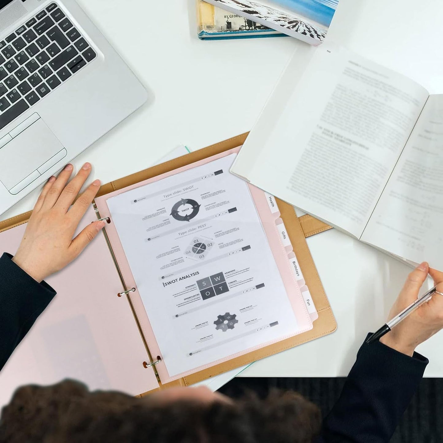 5 tab dividers for 3 Ring Binder with Pockets, Plastic Dividers with Clear Front Pocket, 5-tab Index Dividers with 3 Holes Punched for School & Office Supplies (Pink)