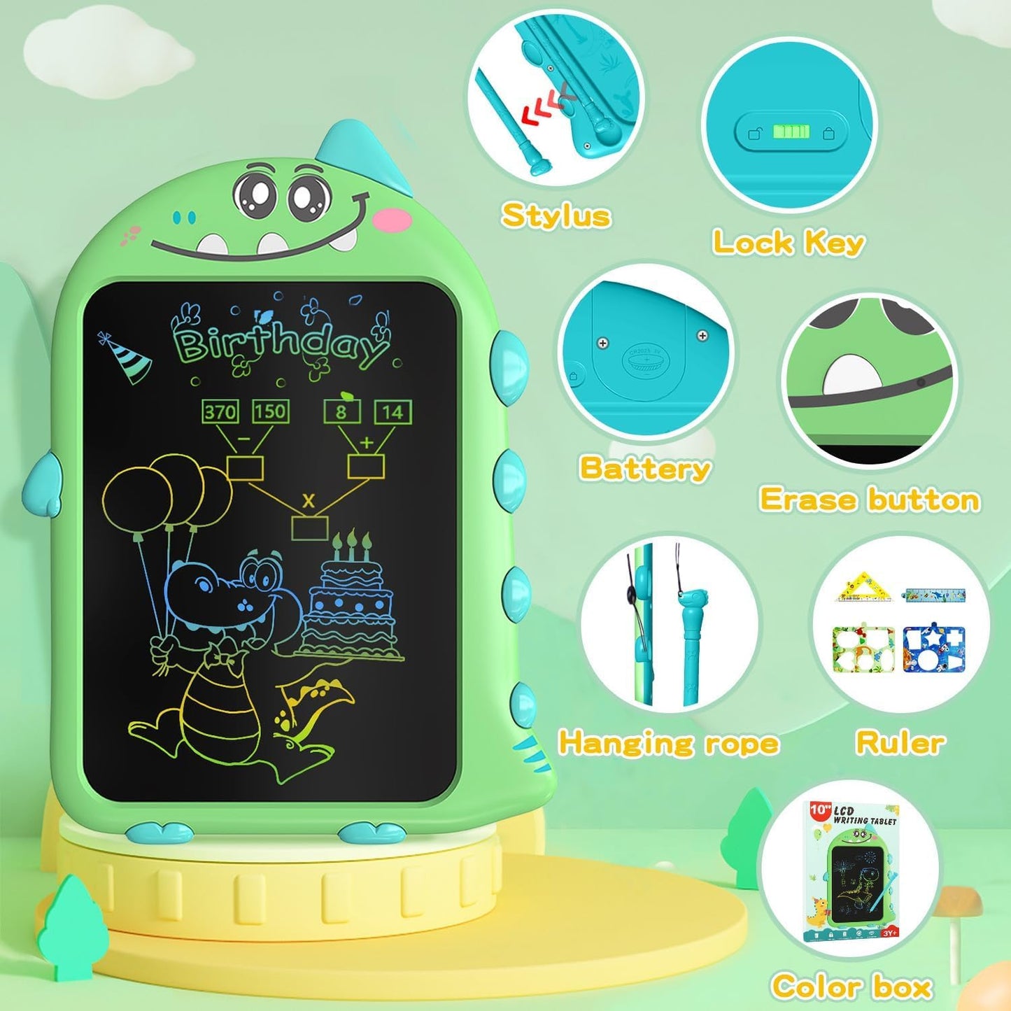 10 Inch LCD Writing Tablet for Kids, Brithday Gifts for Kids, Electronic Drawing Pad Toys, Dinosaur Drawing Pad for Toddlers Ages 2 3 4 5 6 7 Travel Learning Board (Green)